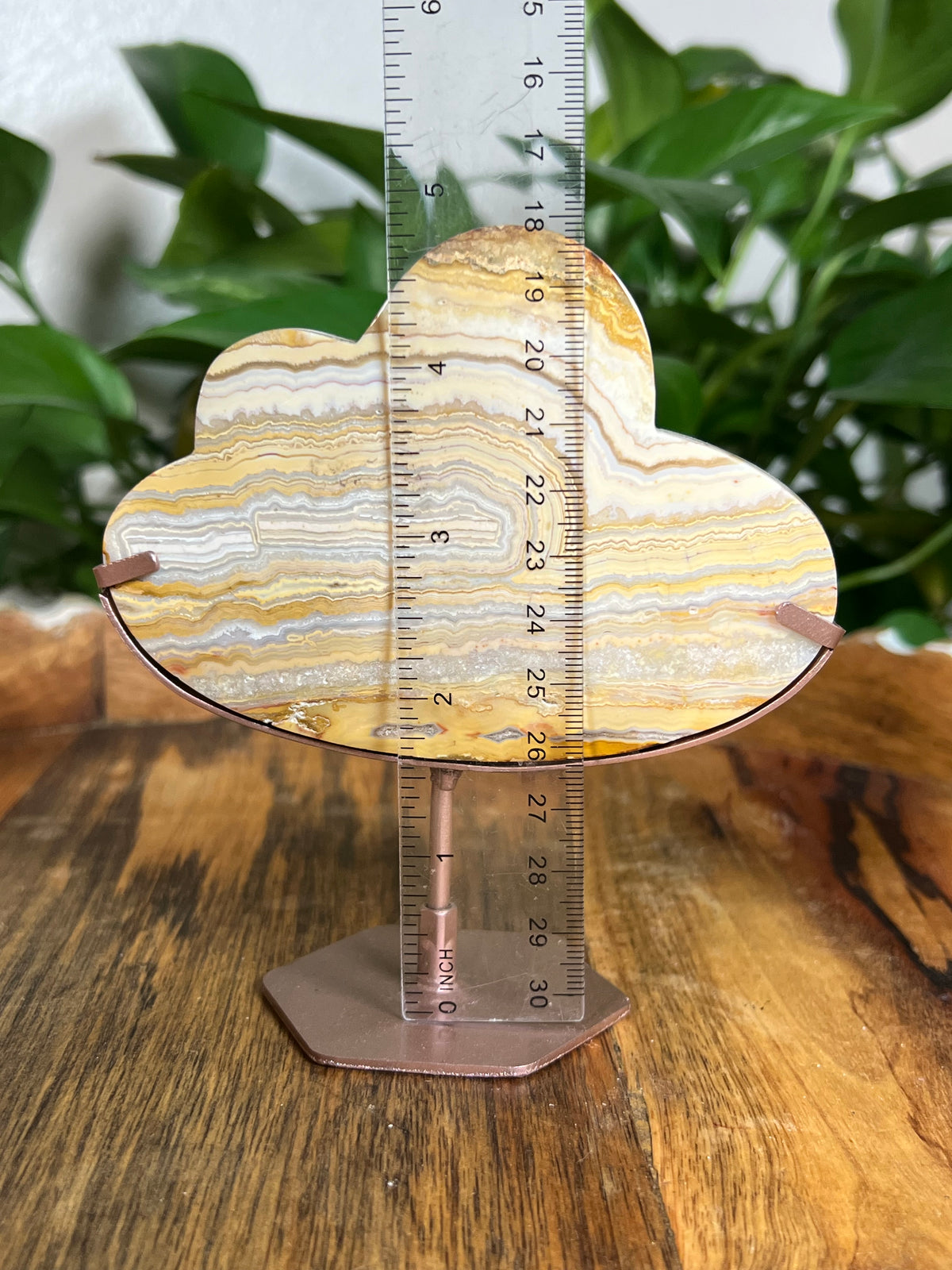 Yellow Crazy Lace Agate On Metal Stand Clouds