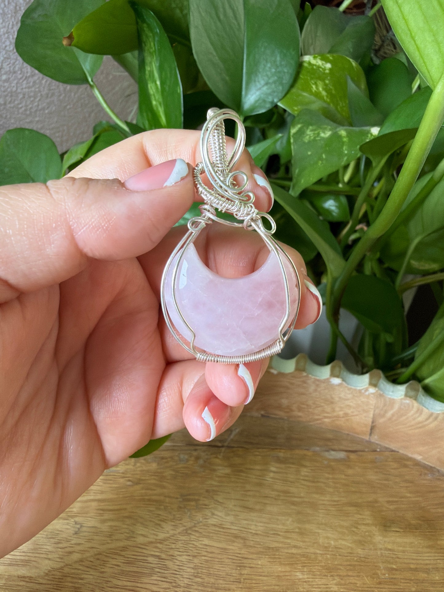 Rose Quartz Moon Wire Wrapped Necklace