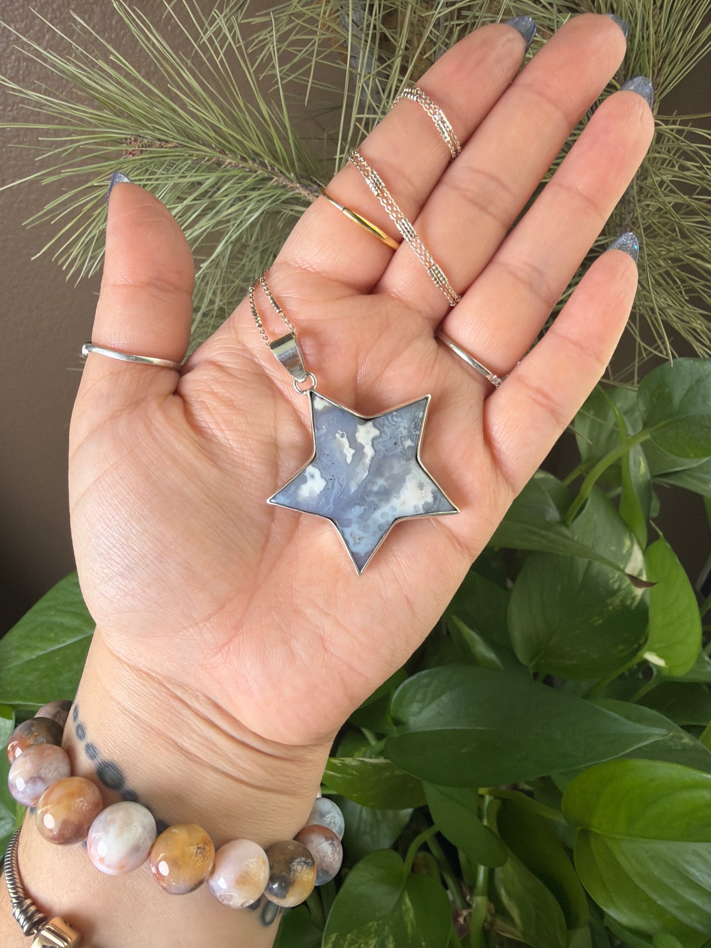 Blue Plume Agate Star Necklace