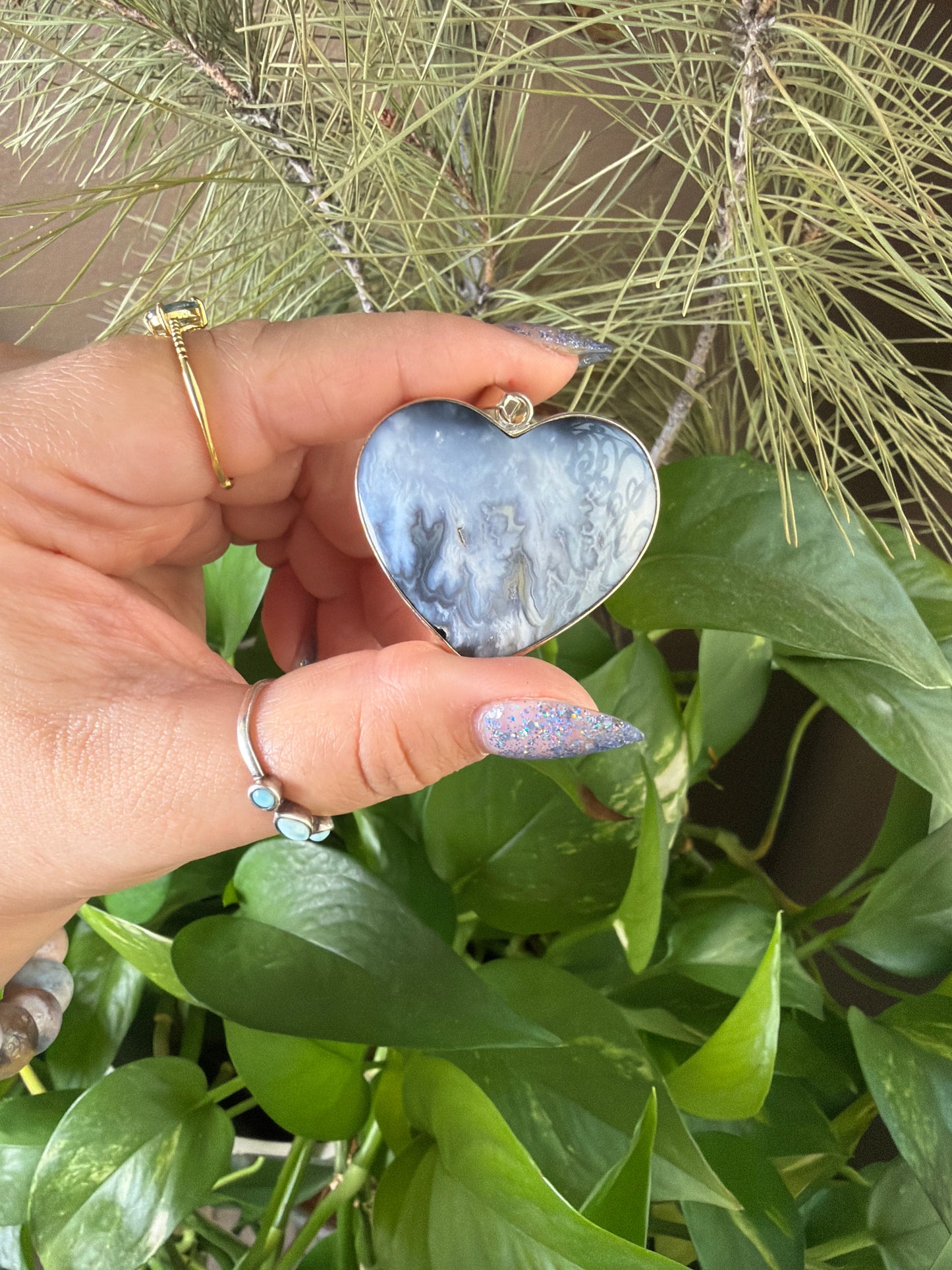 Blue Plume Agate Heart Necklace