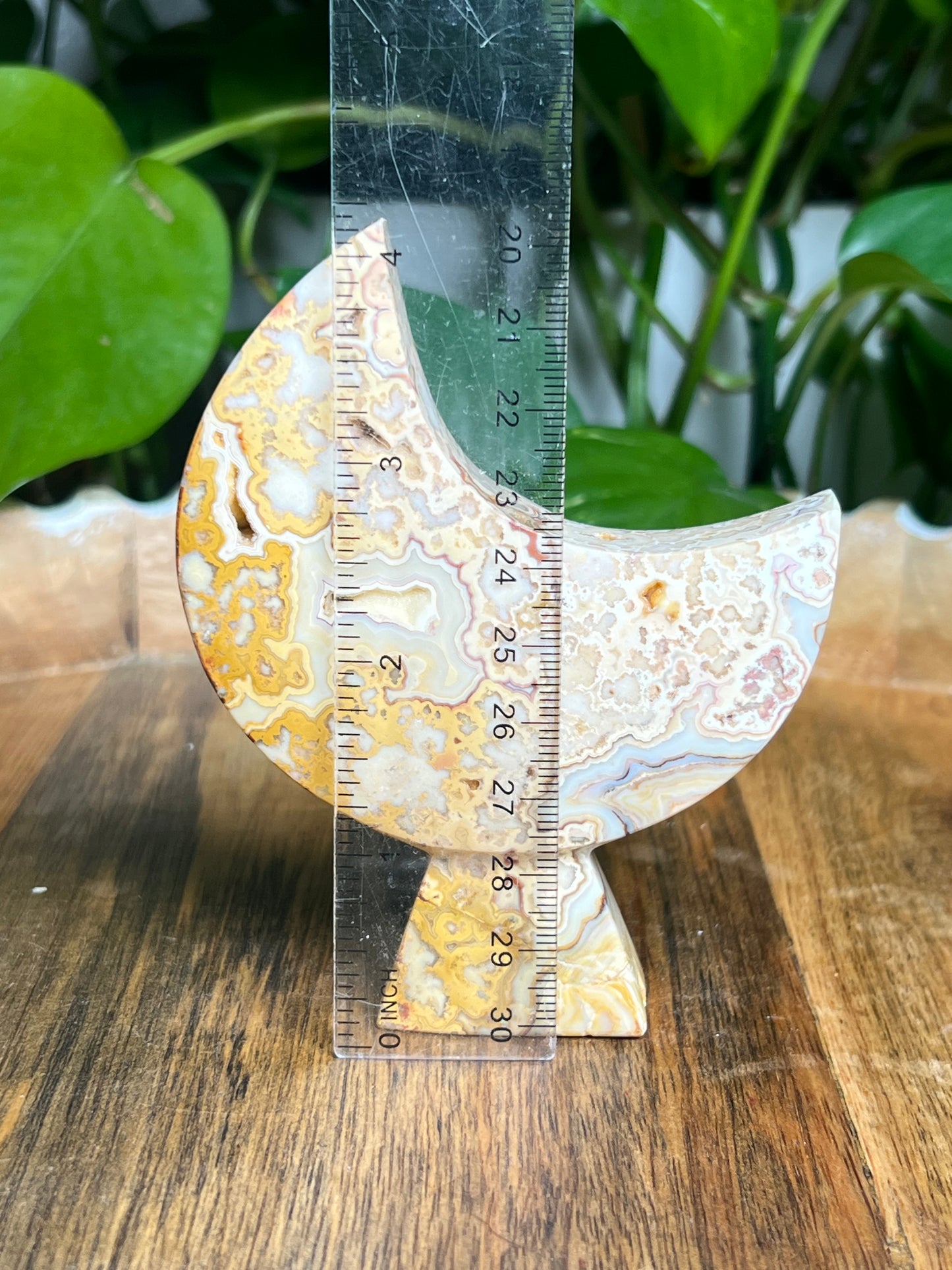 Yellow Crazy Lace Agate Self-Standing Moon: A