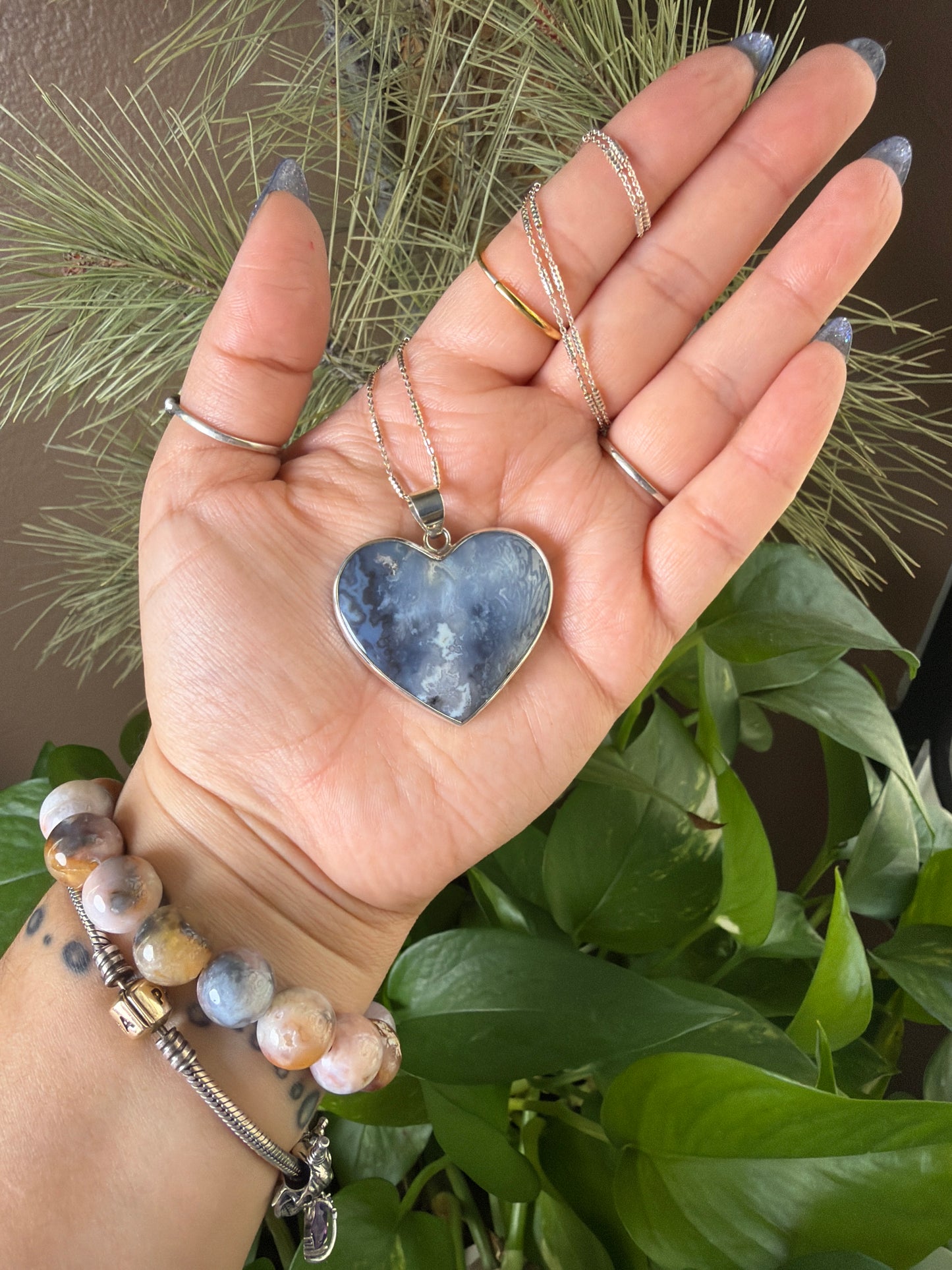 Blue Plume Agate Heart Necklace