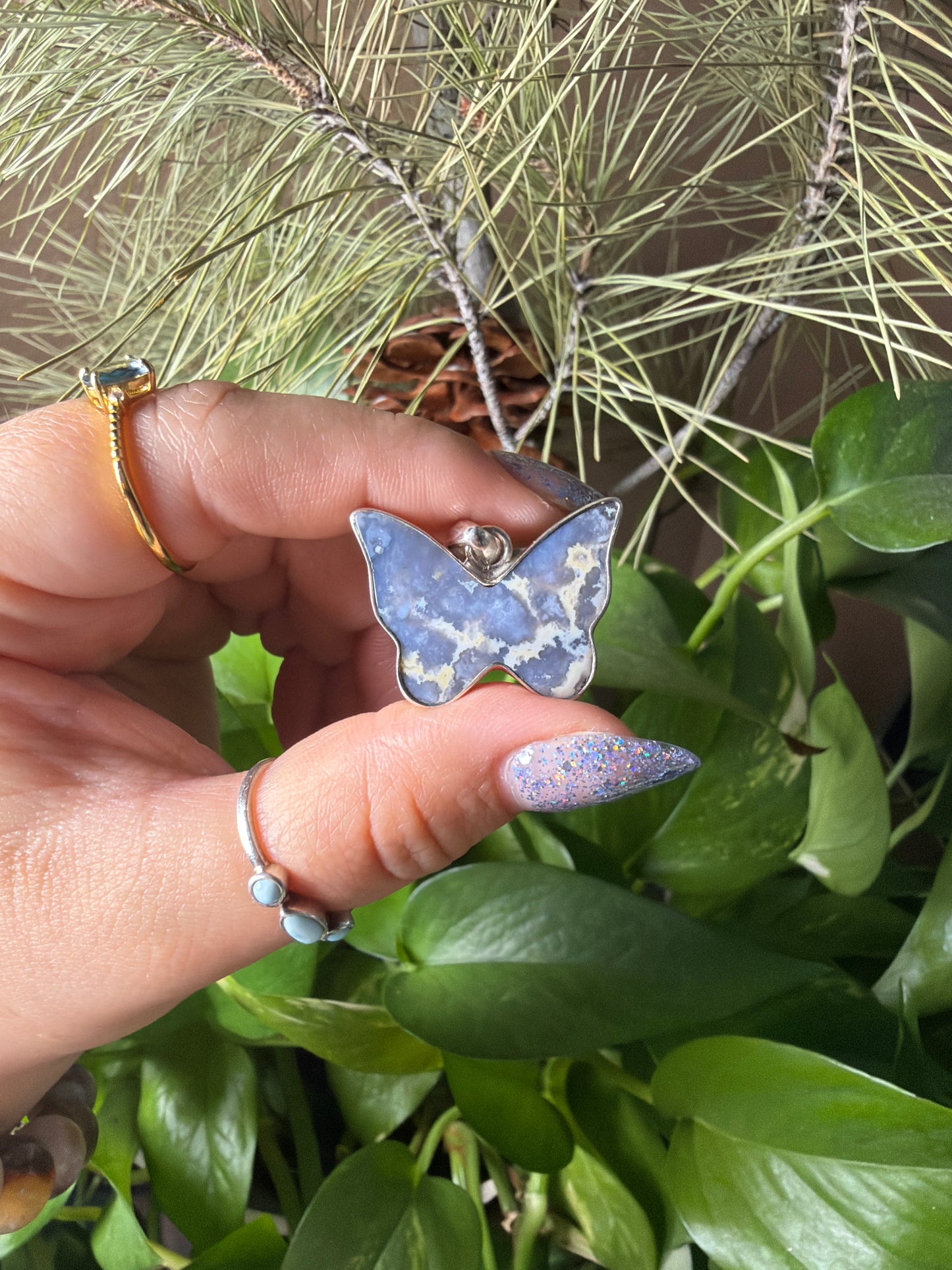 Blue Plume Agate Butterfly Necklace