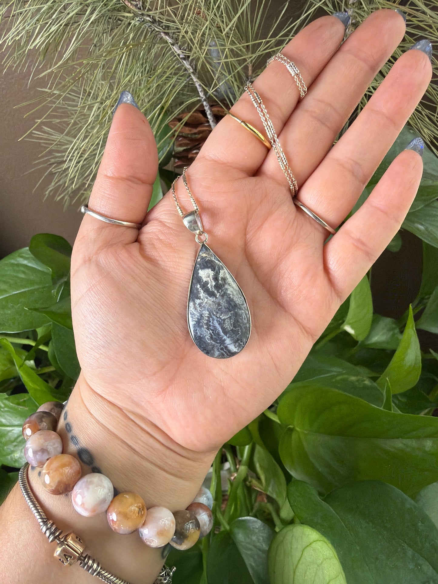Blue Plume Agate Teardrop Necklace