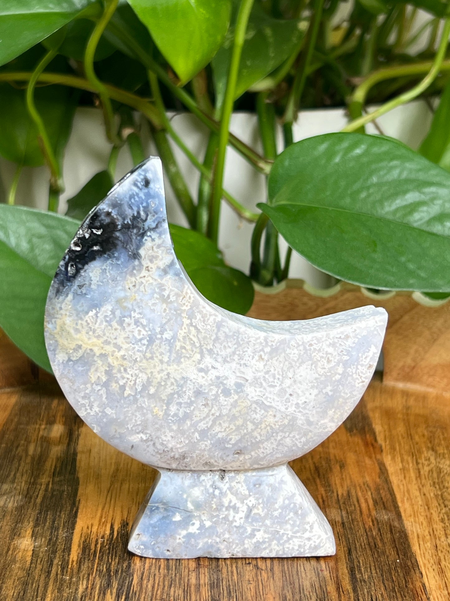 Blue Plume Agate Self-Standing Moon: LE