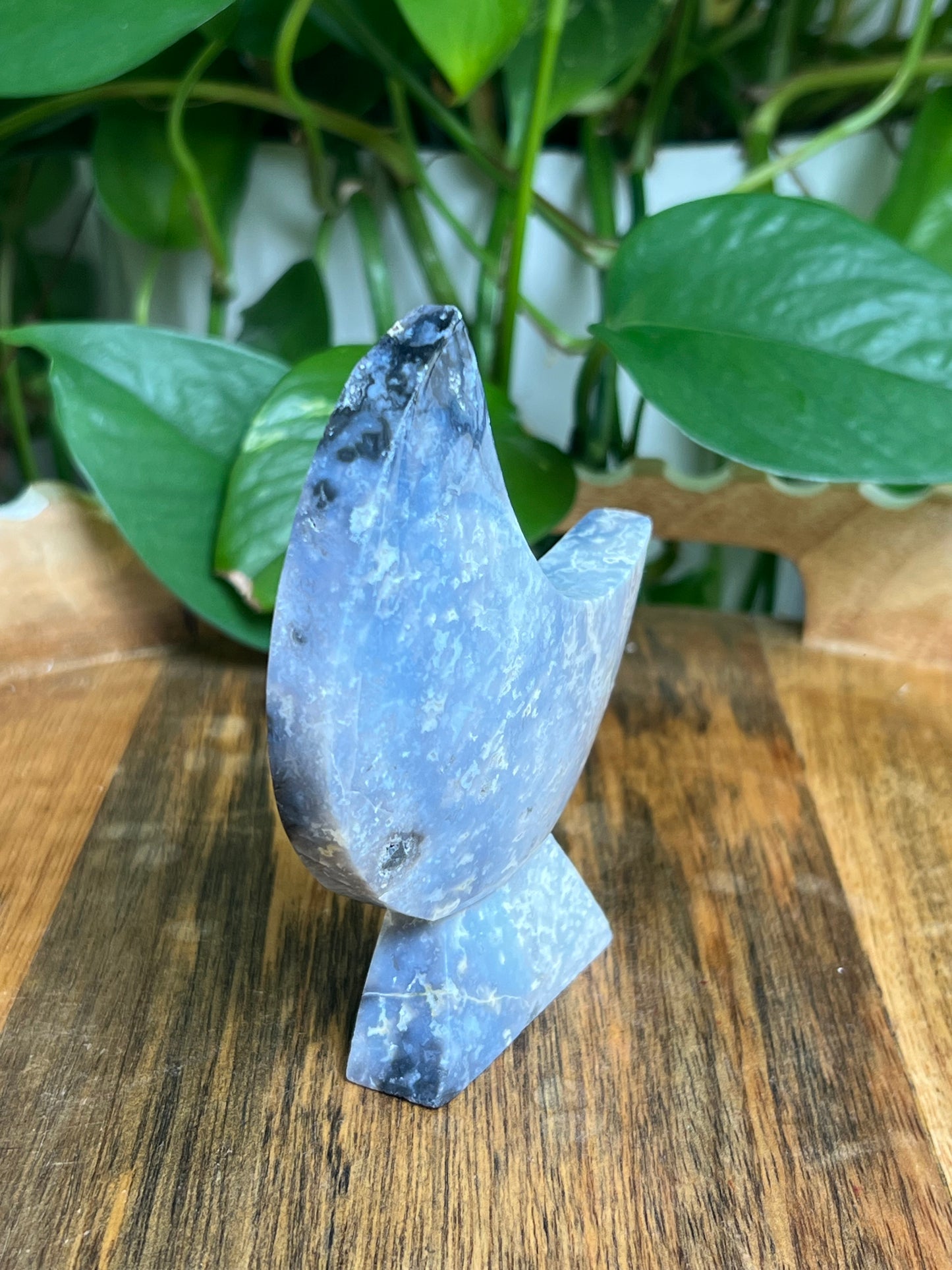 Blue Plume Agate Self-Standing Moon: LG