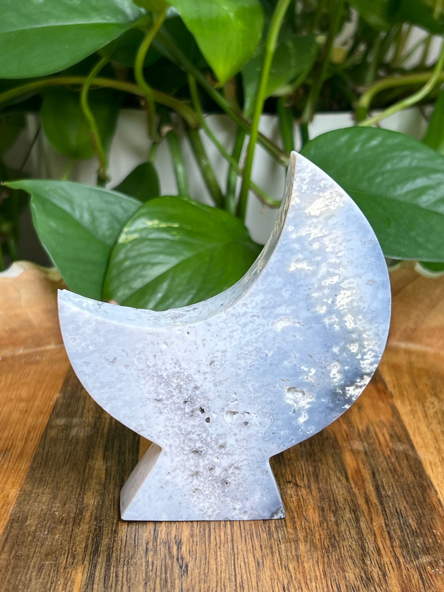 Blue Plume Agate Self-Standing Moon: MB
