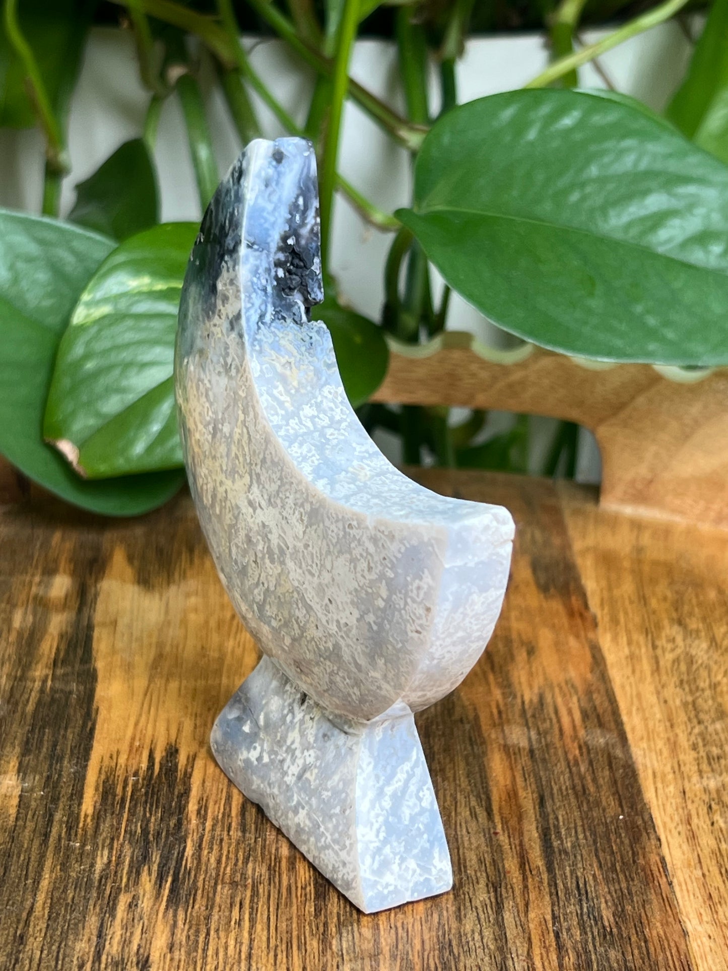 Blue Plume Agate Self-Standing Moon: LE