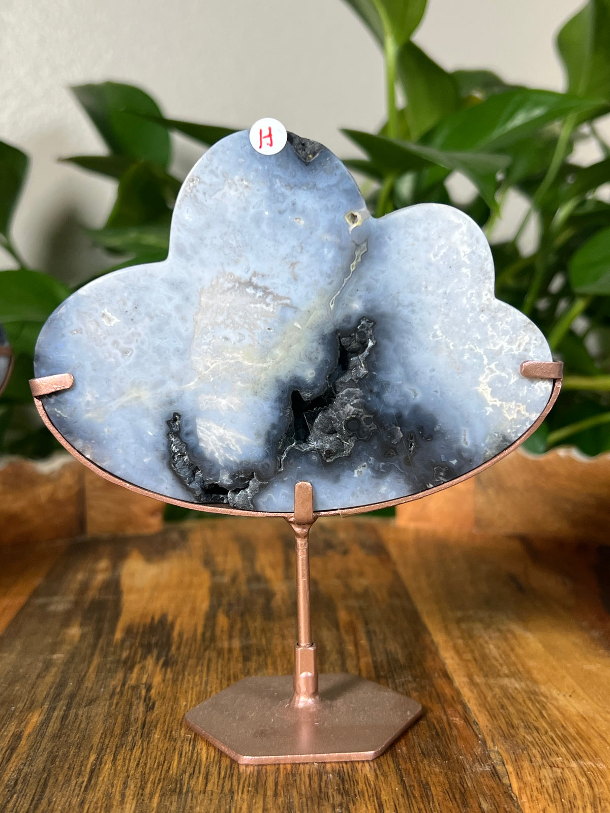 Blue Plume Agate On Metal Stand Clouds