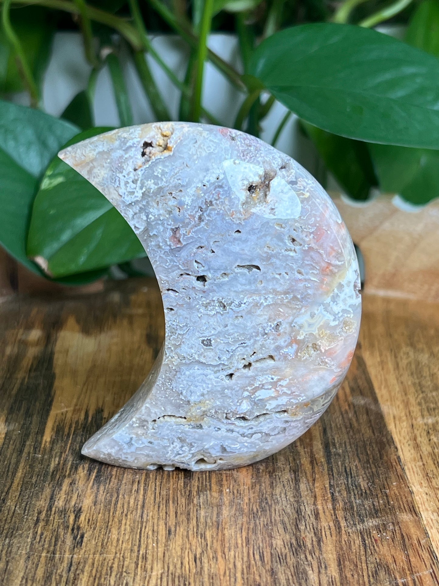 Sumatra Plume Agate Self-Standing Moon: SB