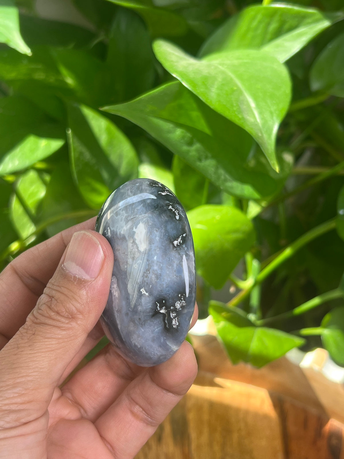 Blue Plume Agate Palmstone: BA