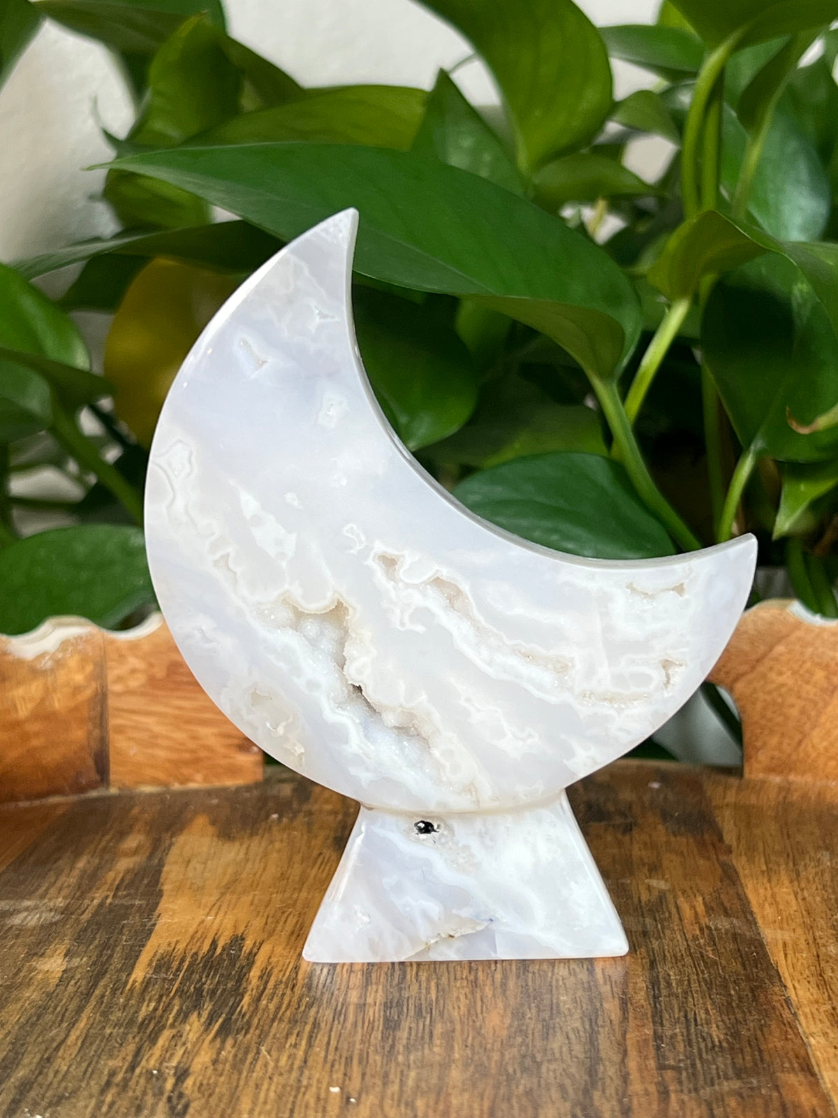 White Plume Agate Self Standing Moons