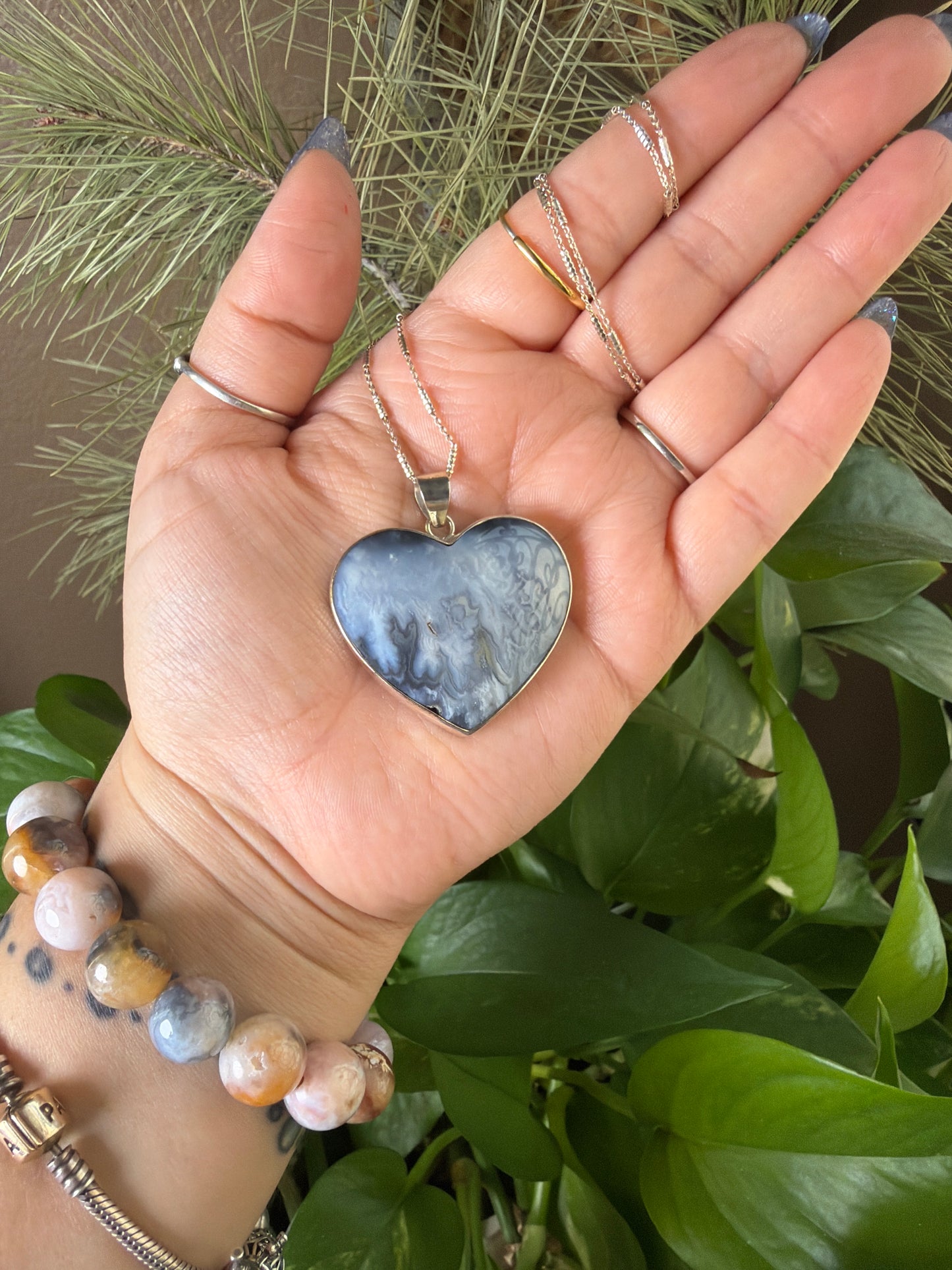 Blue Plume Agate Heart Necklace