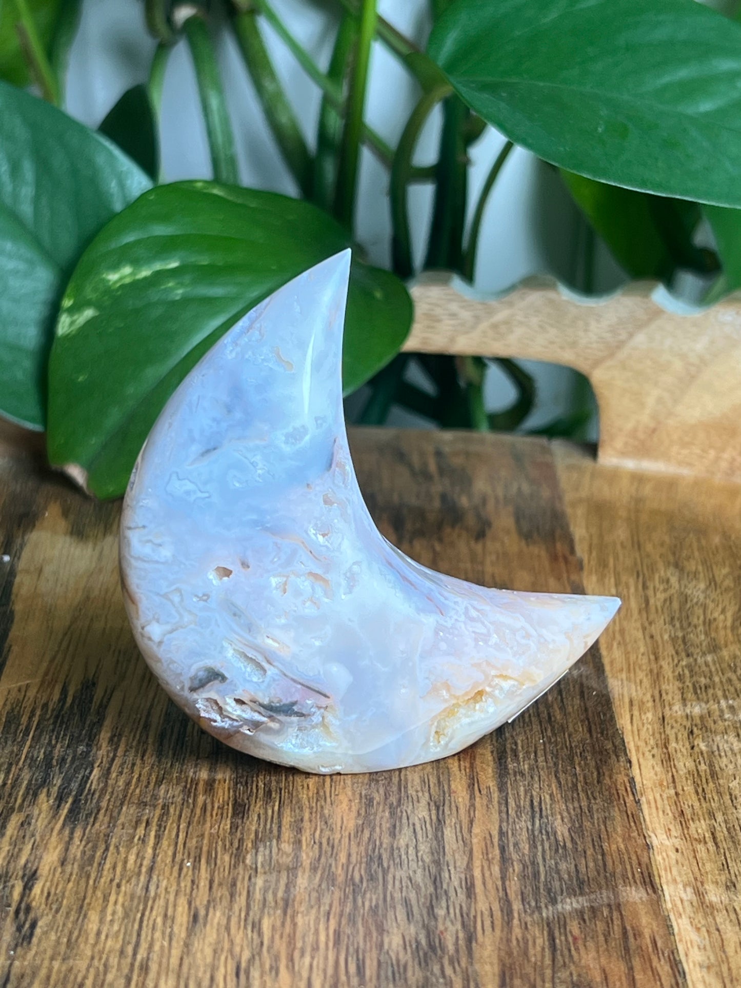 Rainbow Plume Agate Self-Standing Moon: Hi