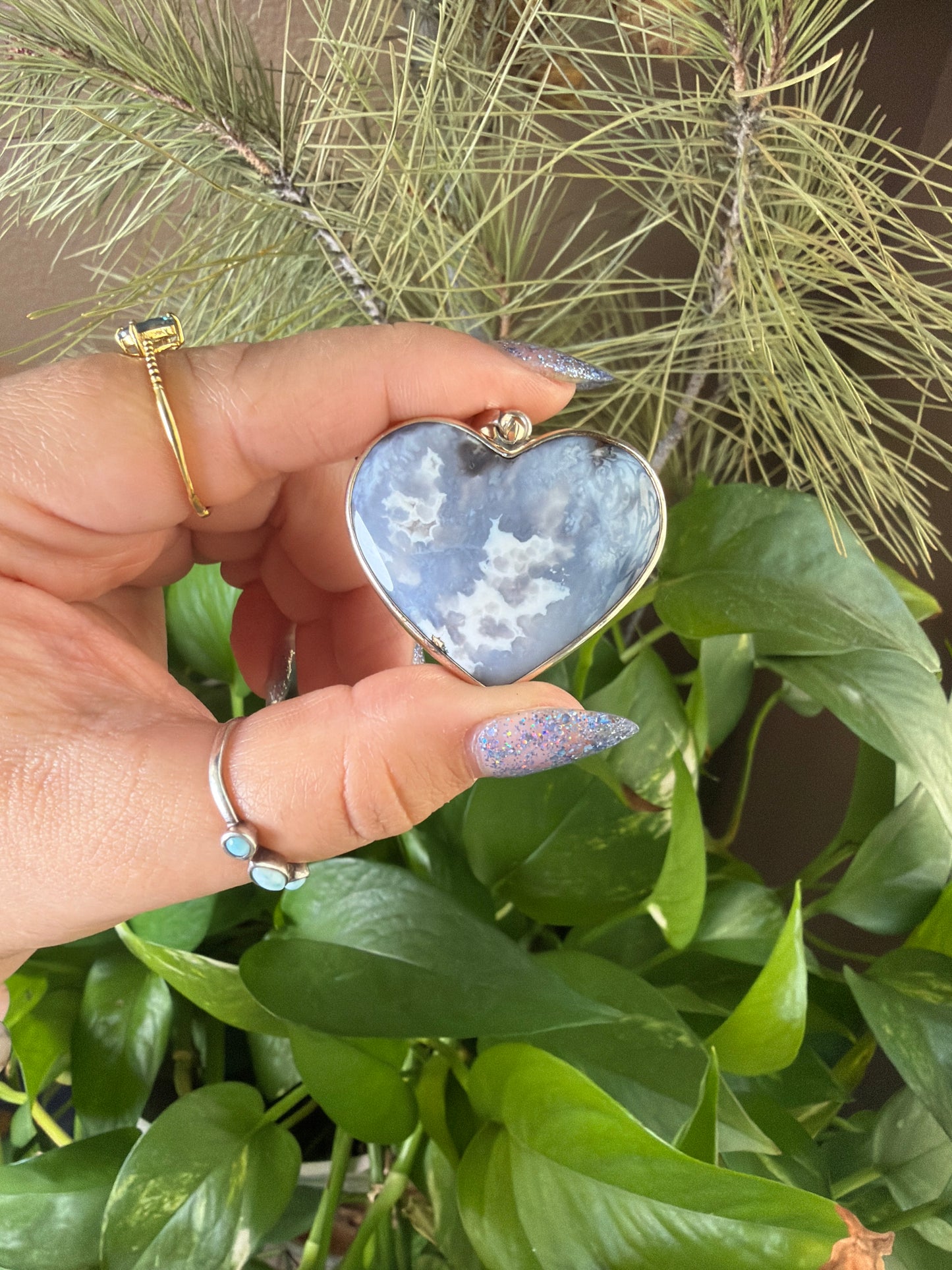 Blue Plume Agate Heart Necklace