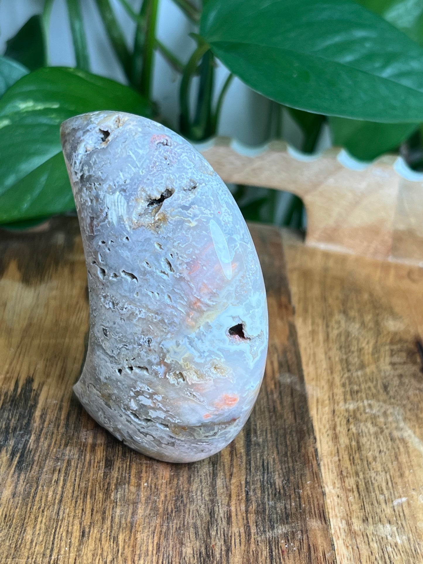 Sumatra Plume Agate Self-Standing Moon: SB