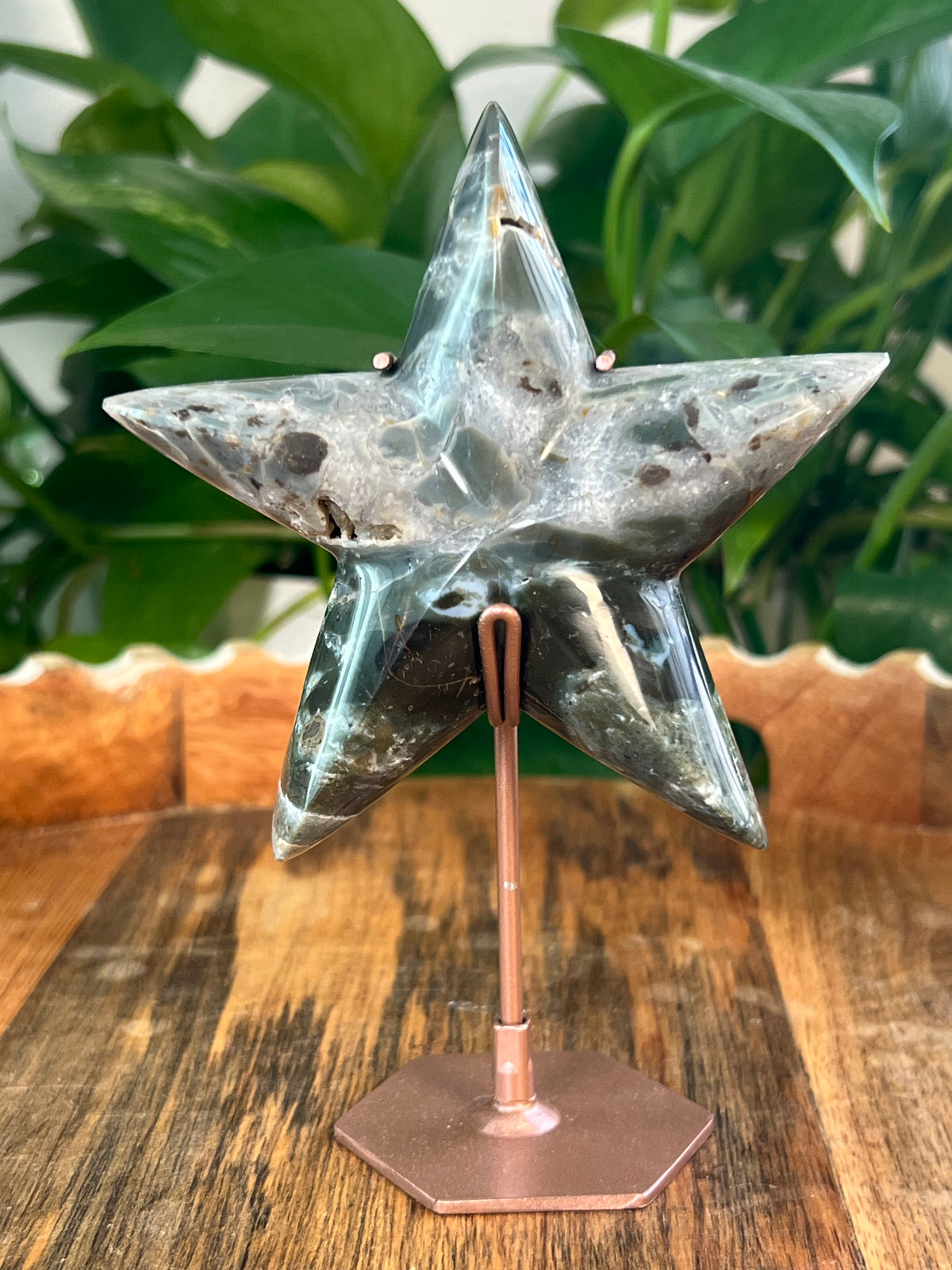 Blue Green Jasper On Metal Stand Stars