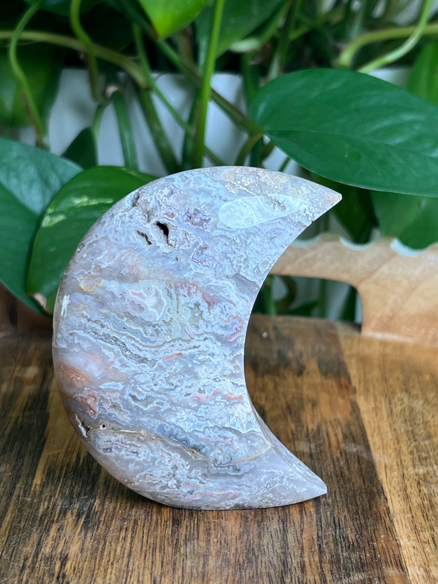 Sumatra Plume Agate Self-Standing Moon: SB