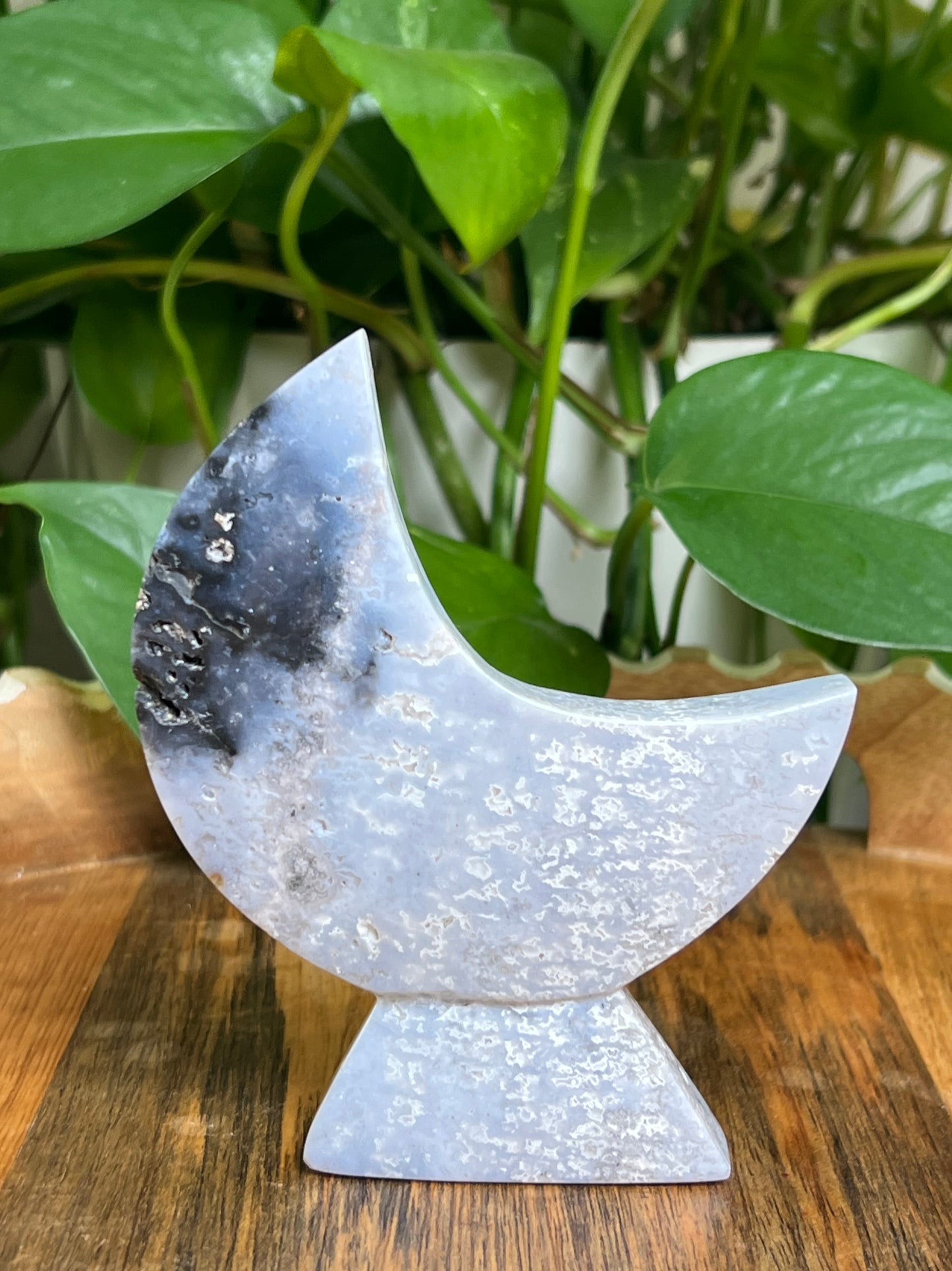 Blue Plume Agate Self-Standing Moon: MQ