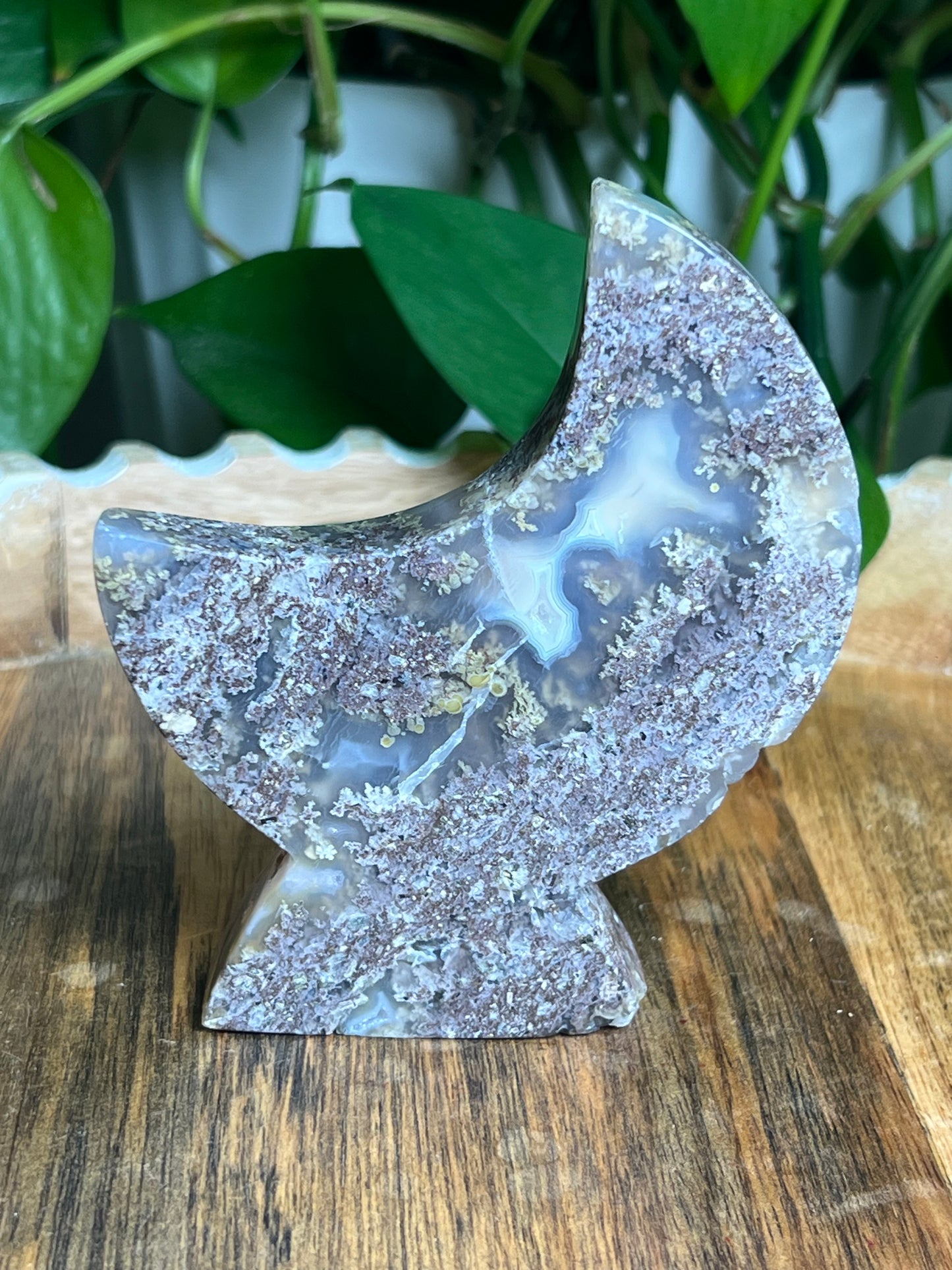 Scenic Moss Agate Self-Standing Moon: NX