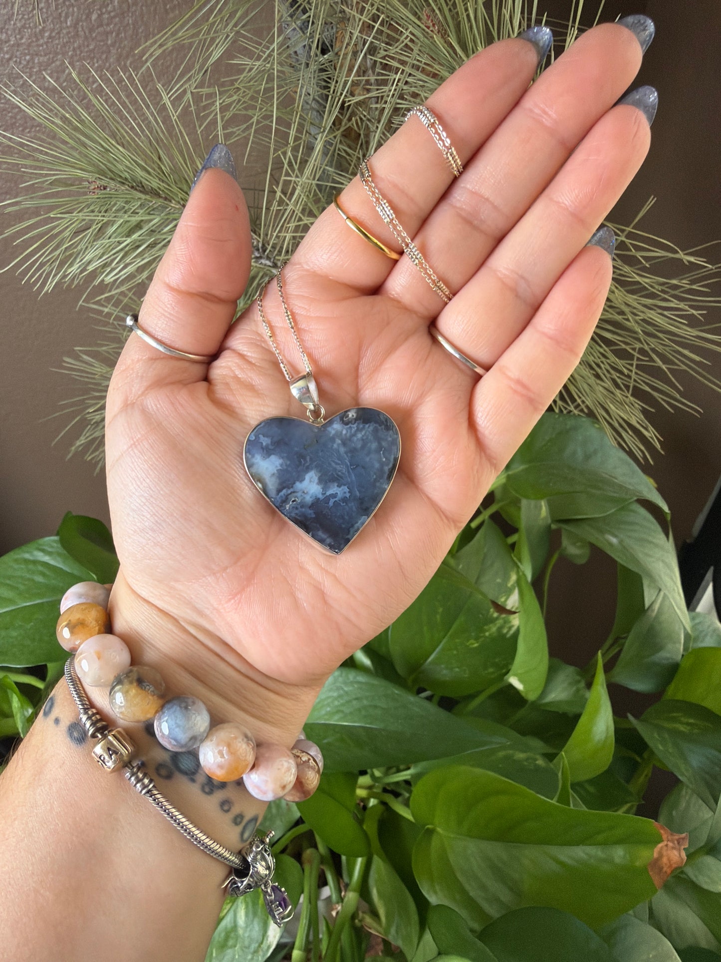 Blue Plume Agate Heart Necklace