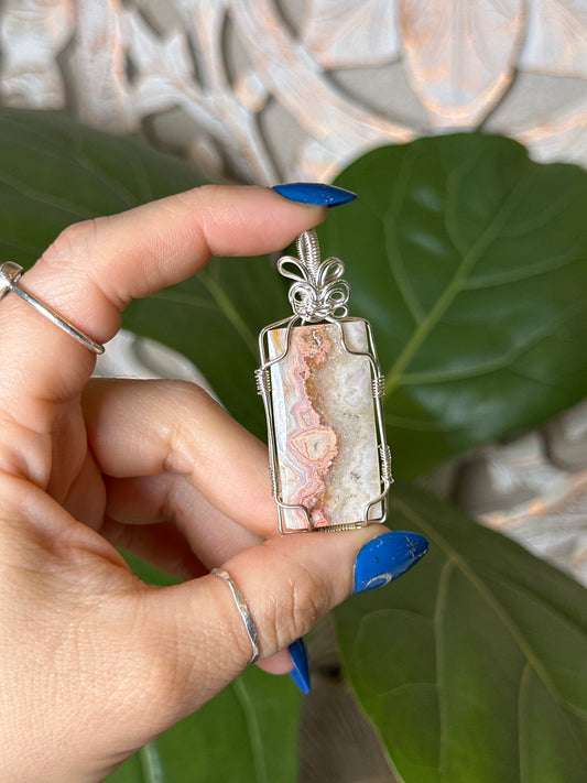 Crazy Lace Agate Rectangular Wire Wrapped Necklace