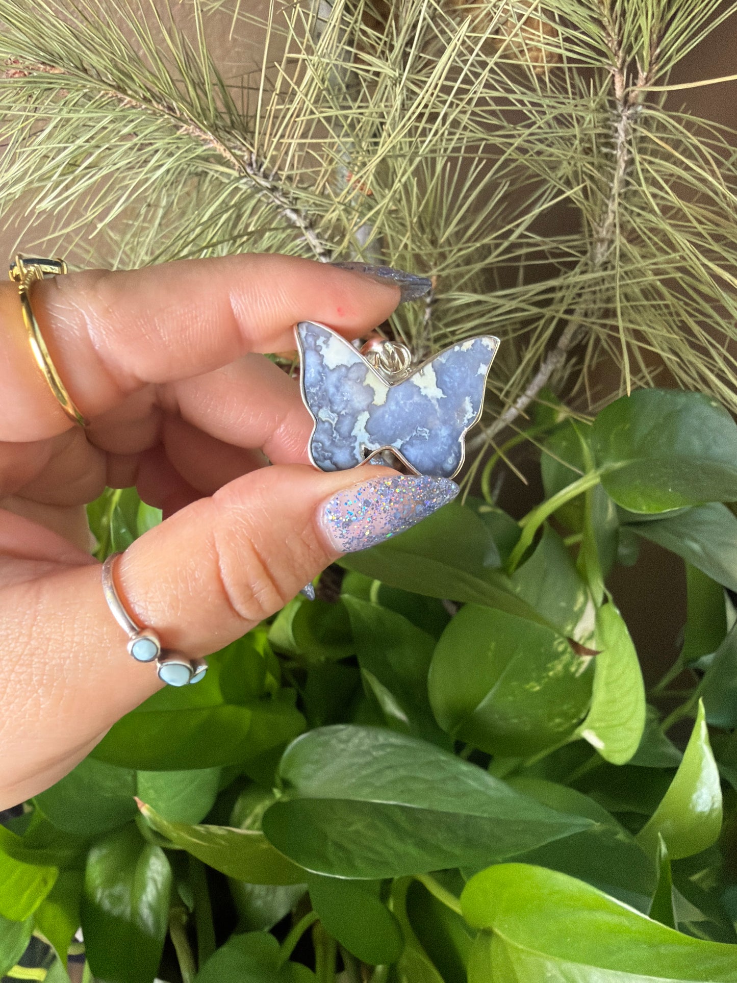 Blue Plume Agate Butterfly Necklace