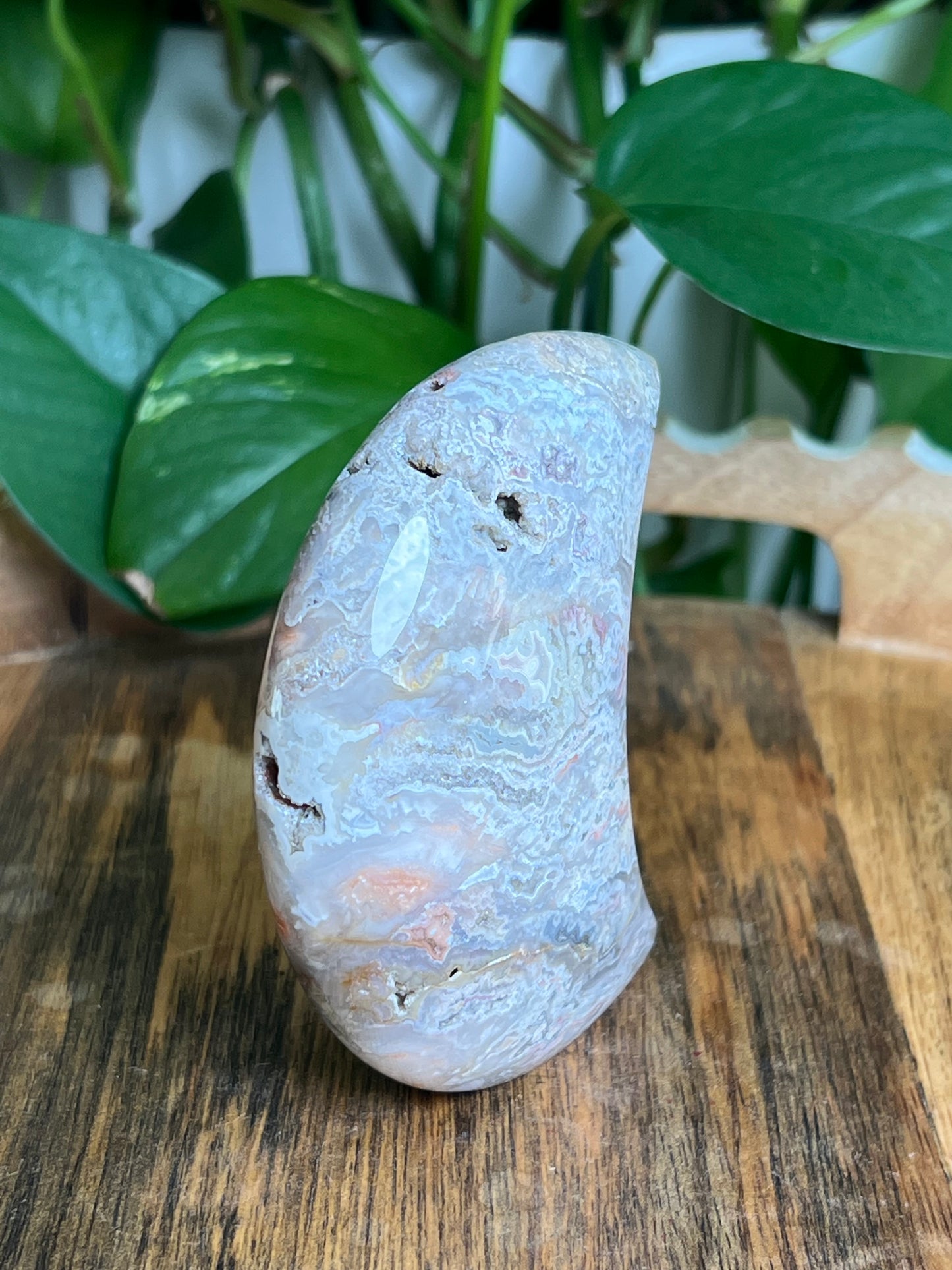 Sumatra Plume Agate Self-Standing Moon: SB