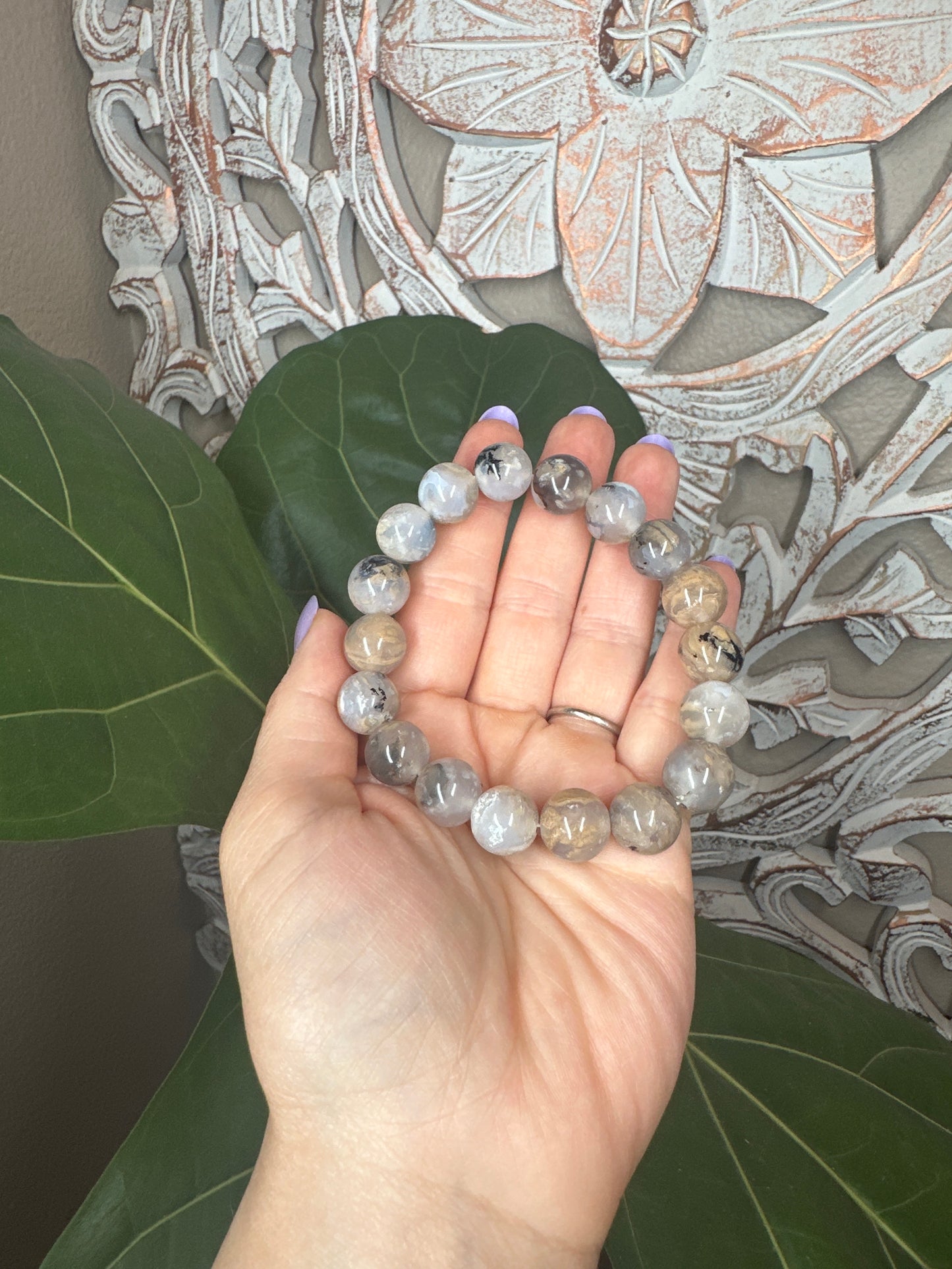 Dendritic Tiger Agate Beaded Bracelet (12mm)