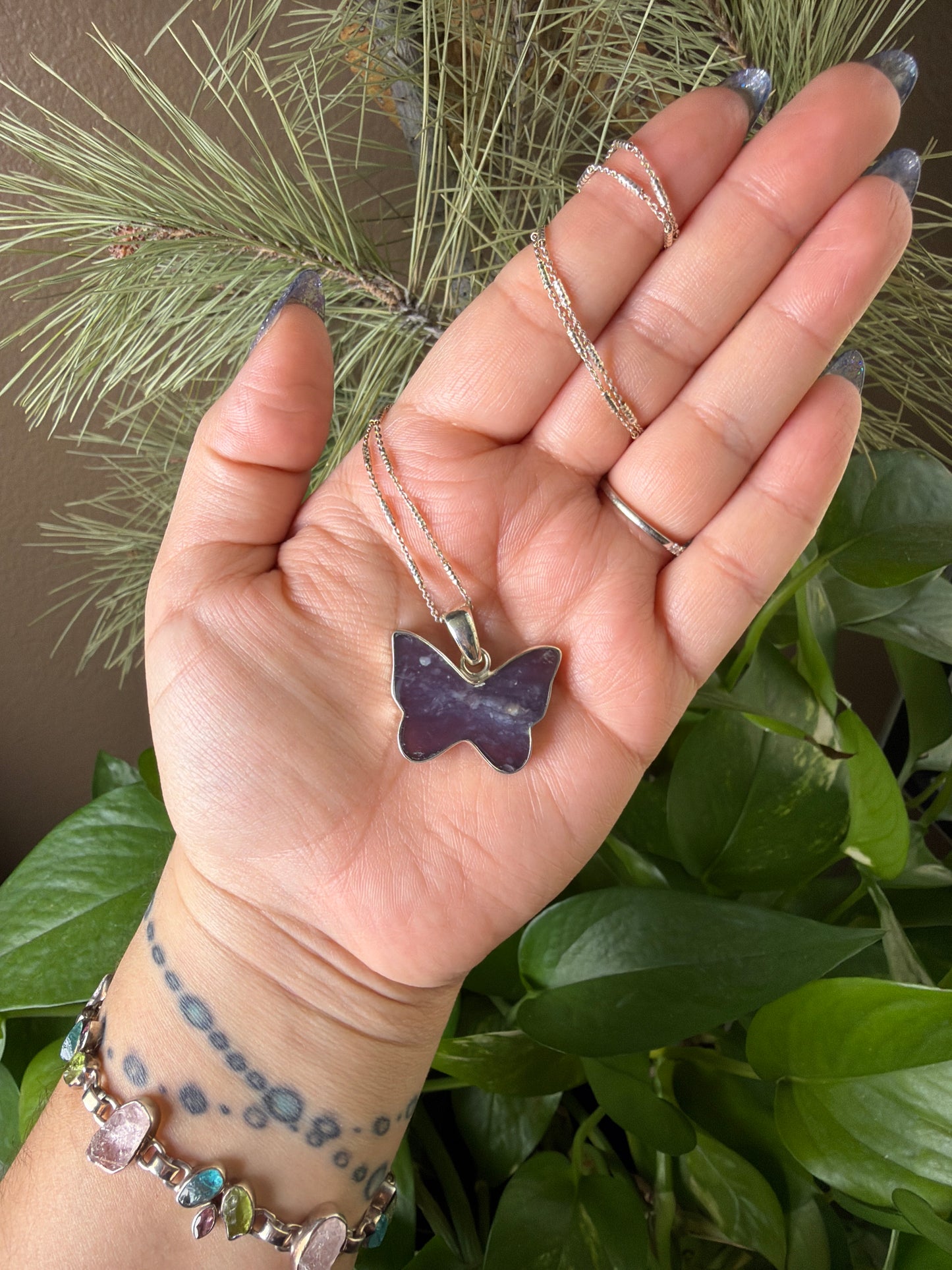 Purple Chalcedony Agate Butterfly Necklace