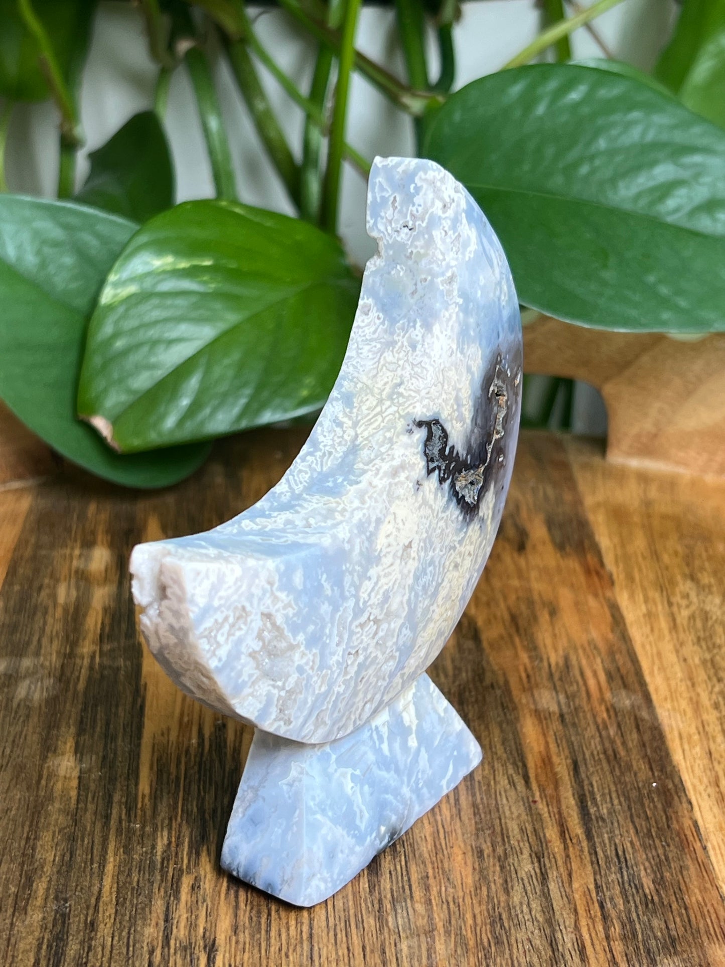 Blue Plume Agate Self-Standing Moon: LB