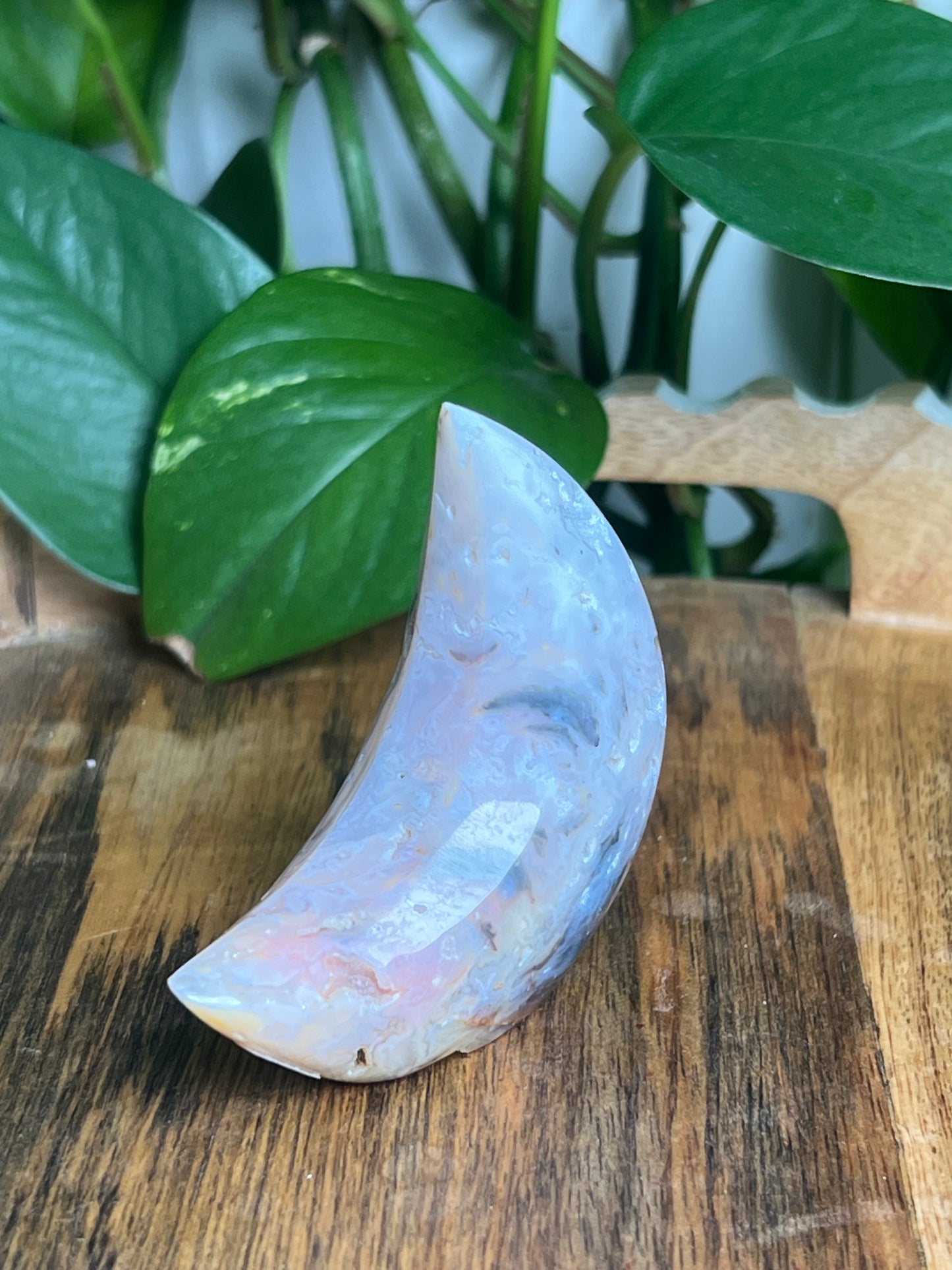 Rainbow Plume Agate Self-Standing Moon: Hi