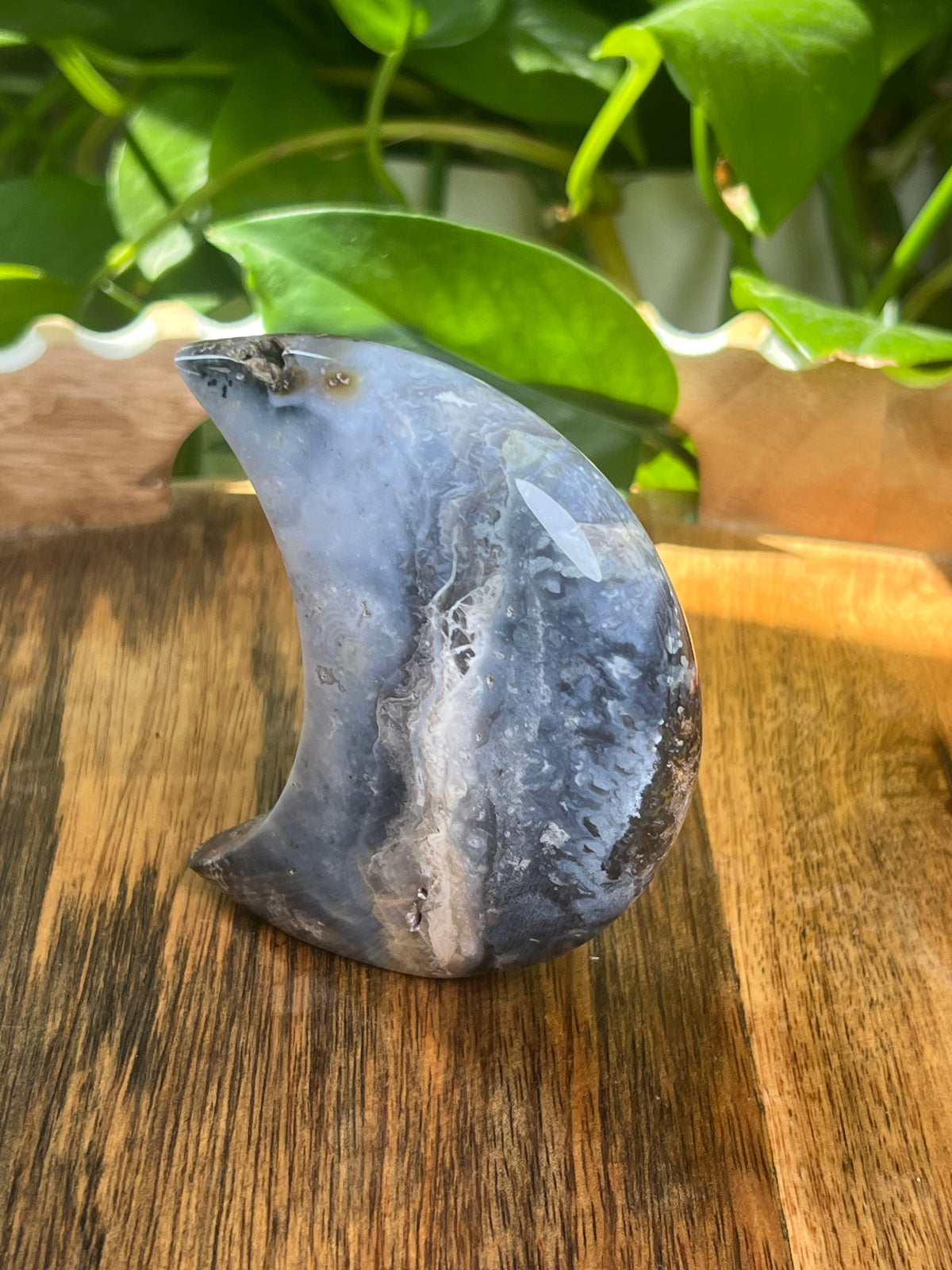 Blue Plume Agate Self- Standing Moon: BE