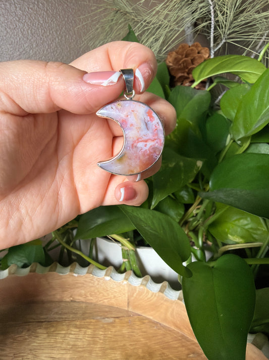 Rainbow Plume Agate Moon Pendant