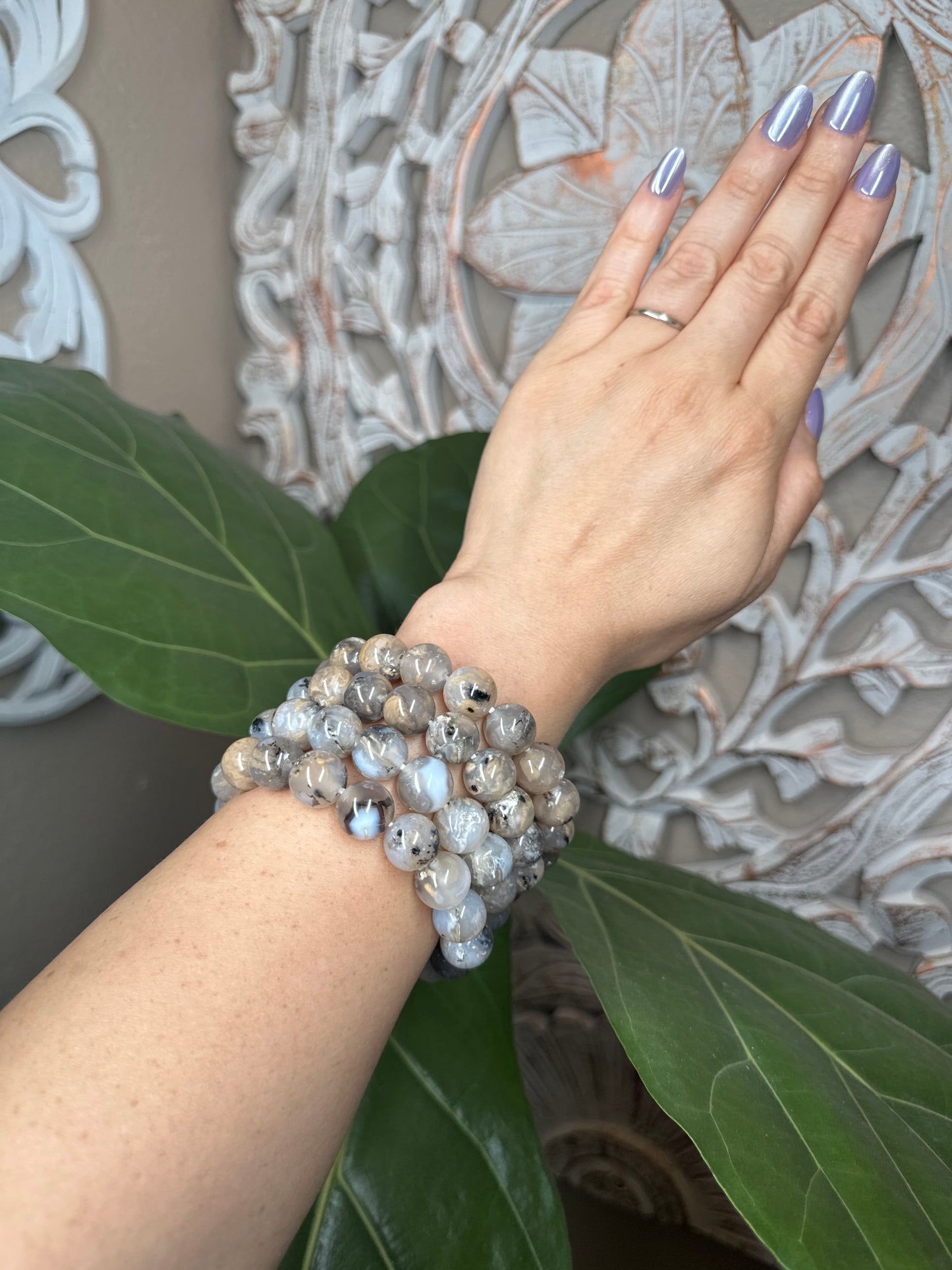 Dendritic Tiger Agate Beaded Bracelet (12mm)