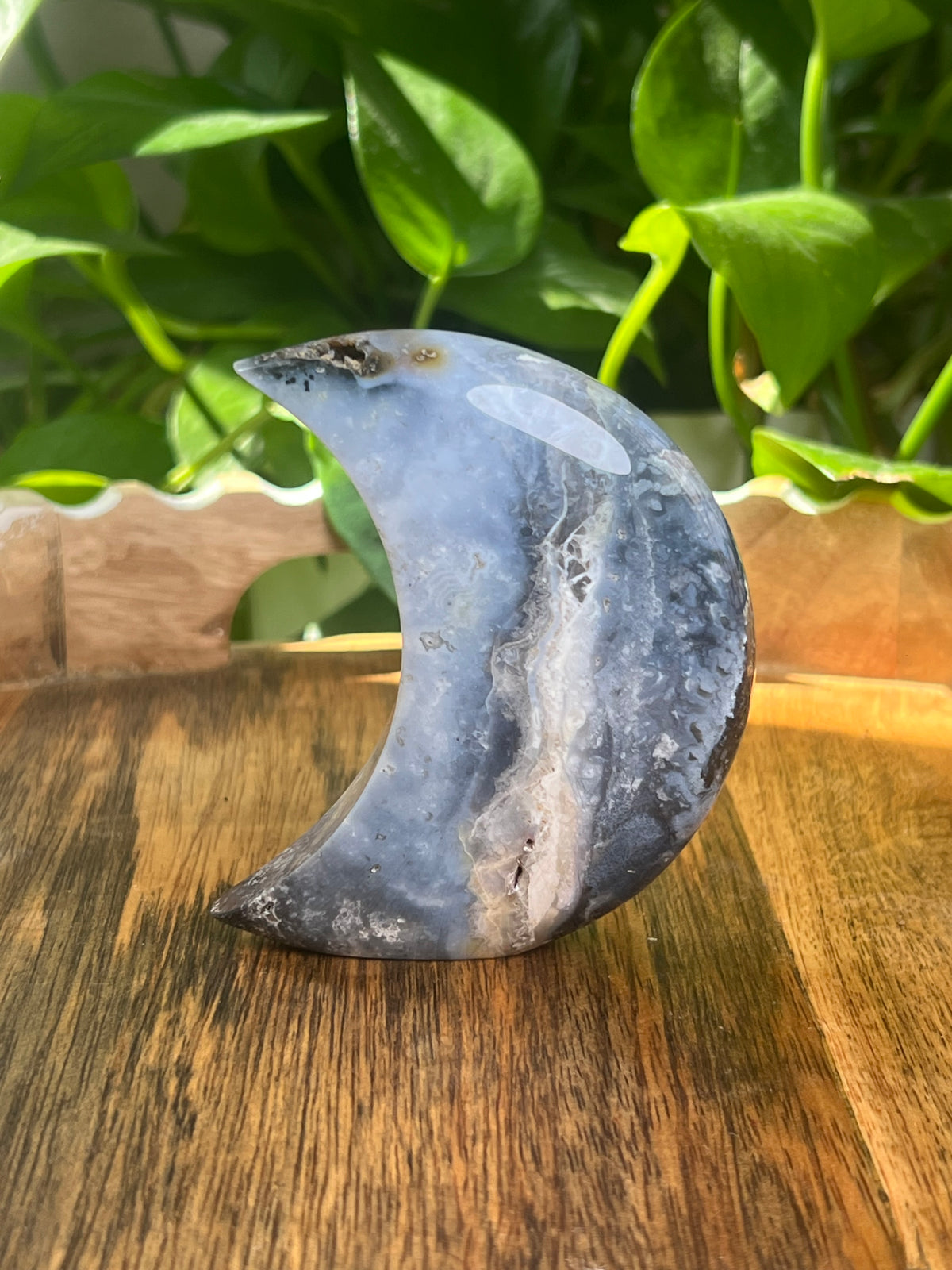 Blue Plume Agate Self- Standing Moon: BE