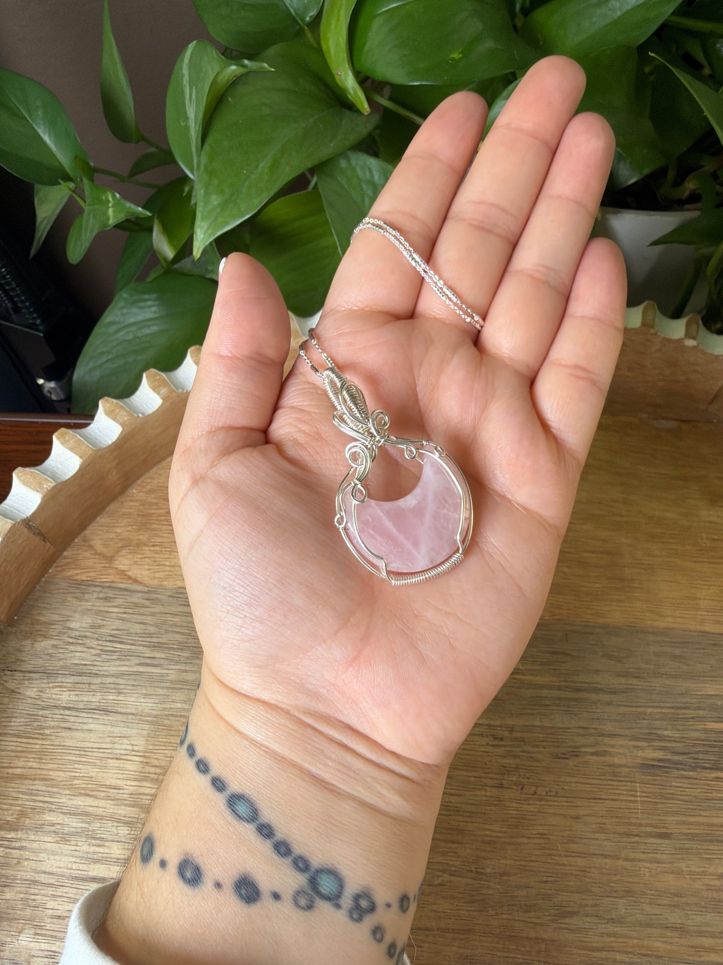 Rose Quartz Moon Wire Wrapped Necklace
