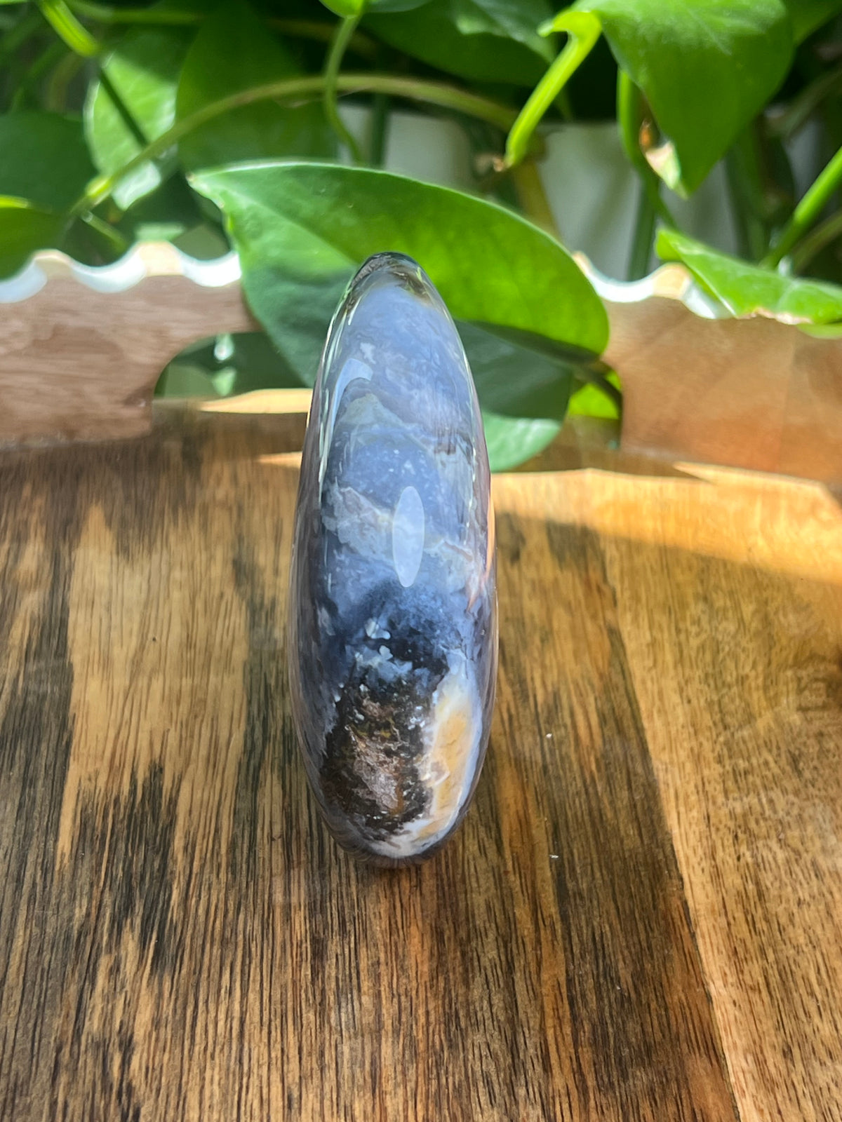 Blue Plume Agate Self- Standing Moon: BE