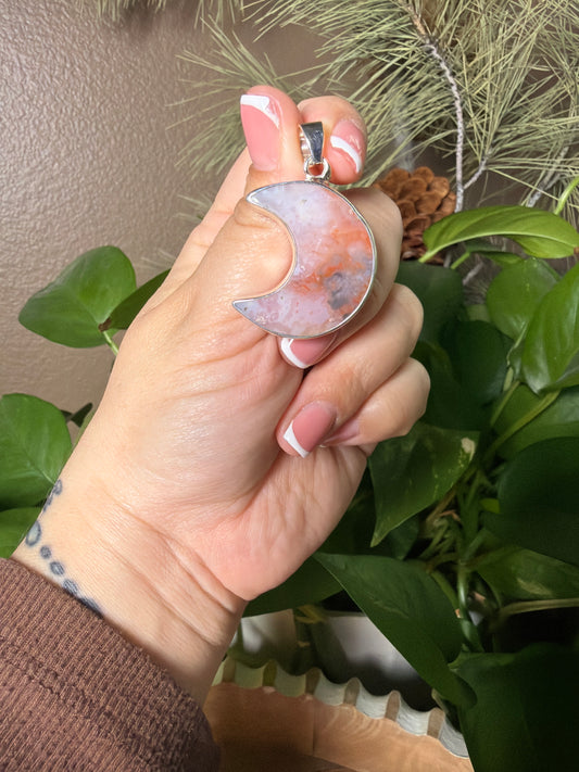 Rainbow Plume Agate Moon Pendant