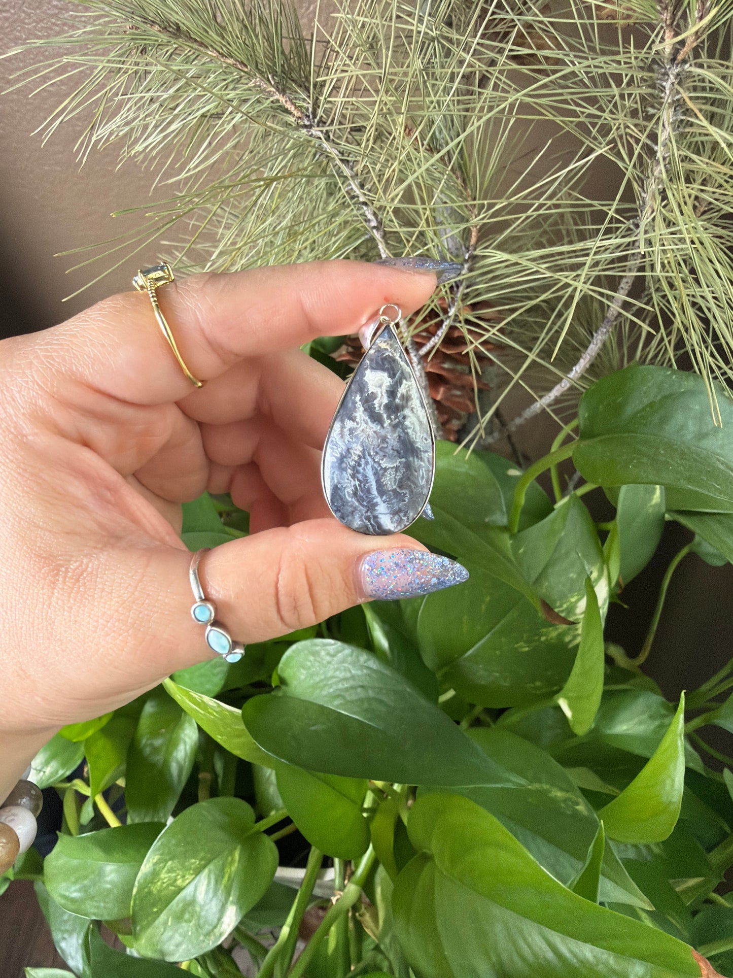 Blue Plume Agate Teardrop Necklace
