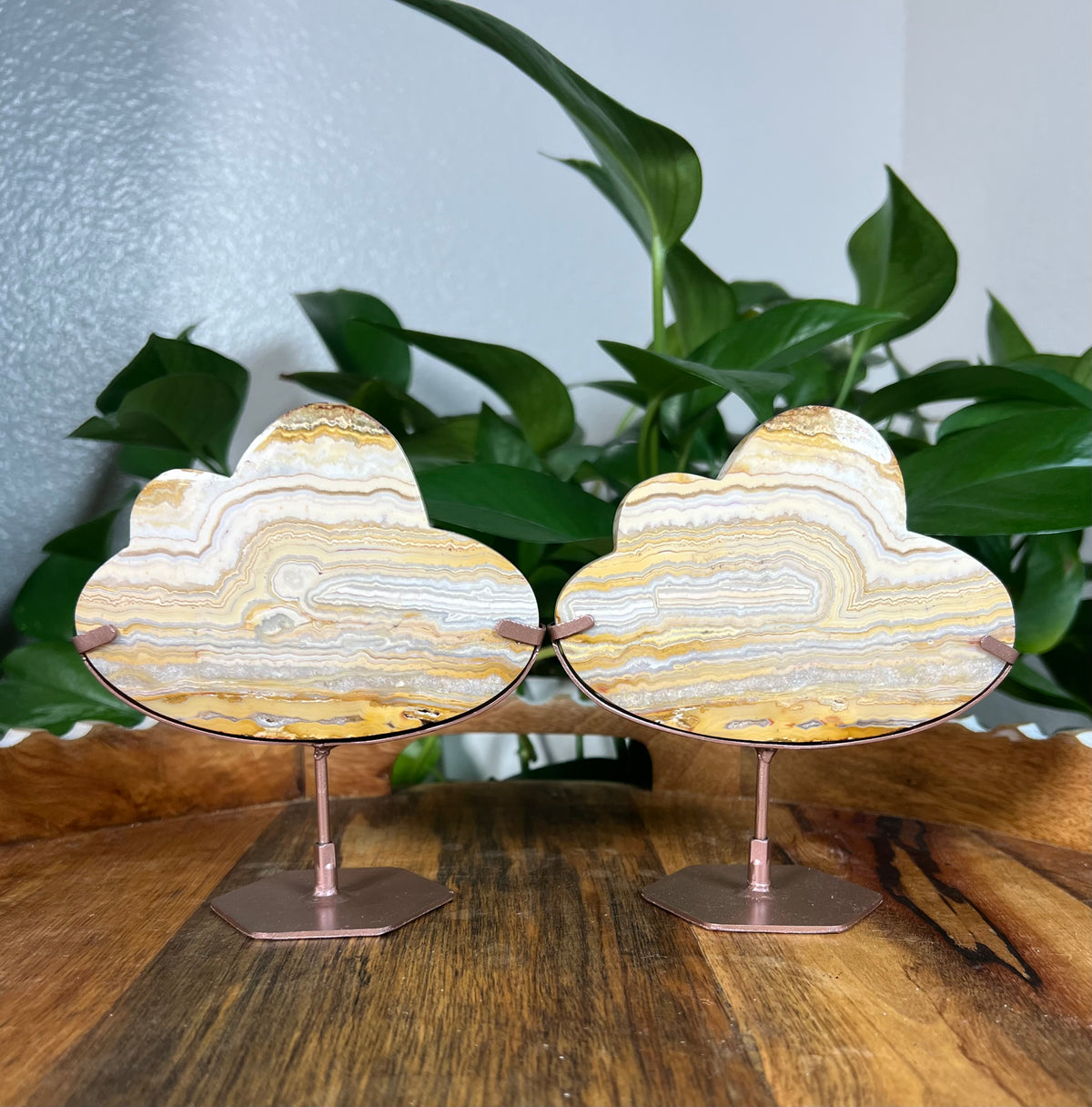 Yellow Crazy Lace Agate On Metal Stand Clouds