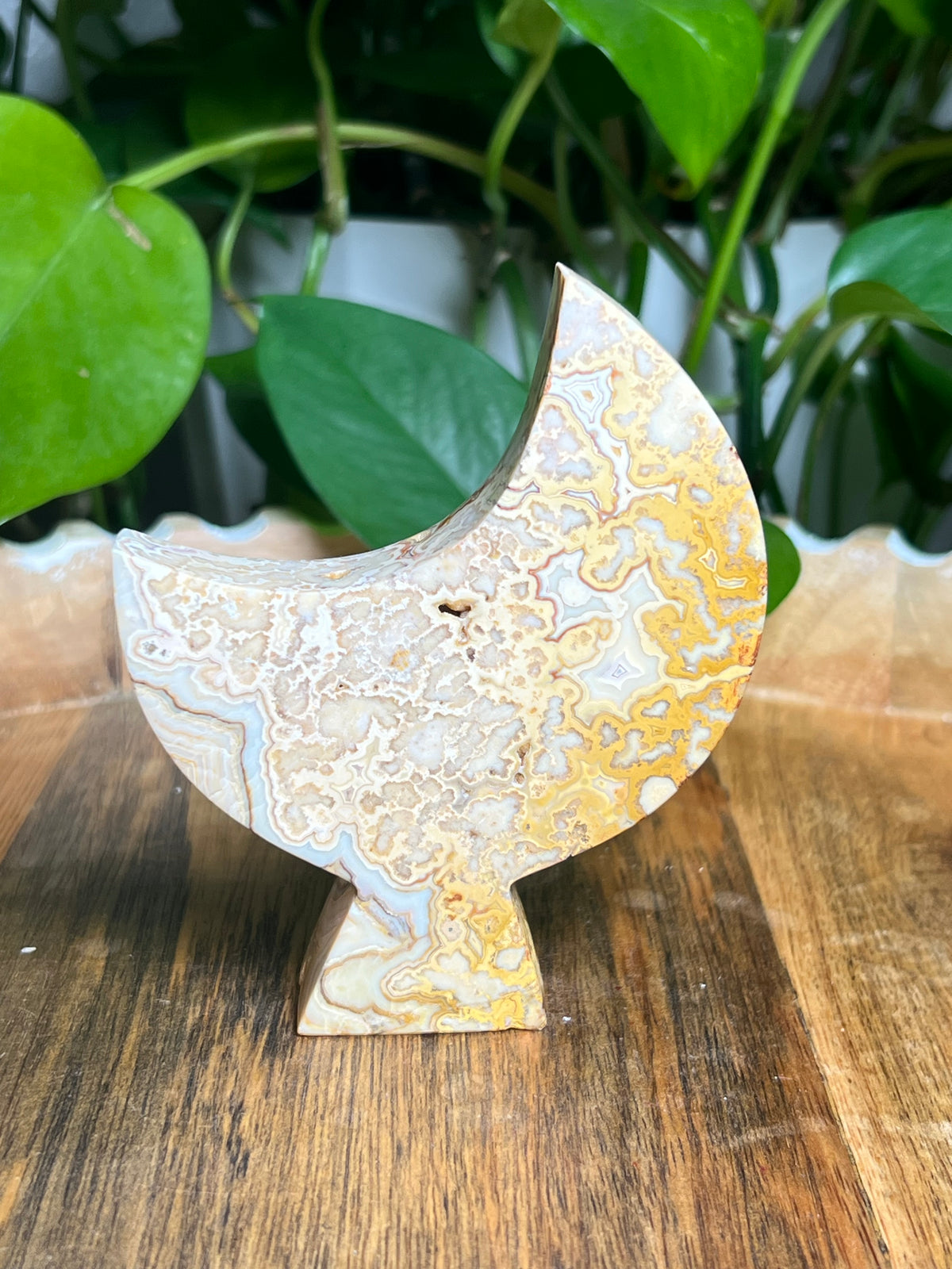 Yellow Crazy Lace Agate Self-Standing Moon: A
