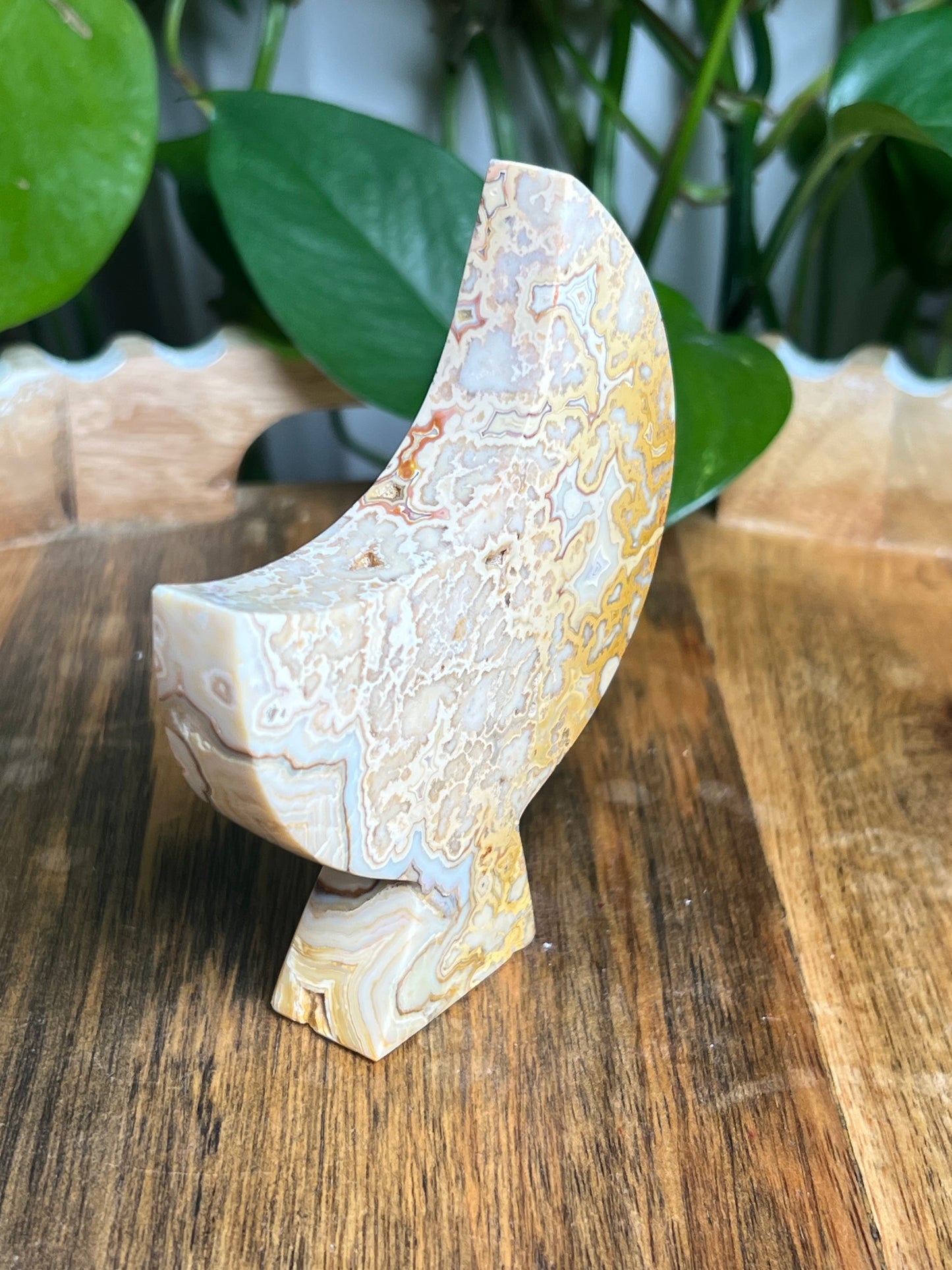 Yellow Crazy Lace Agate Self-Standing Moon: A