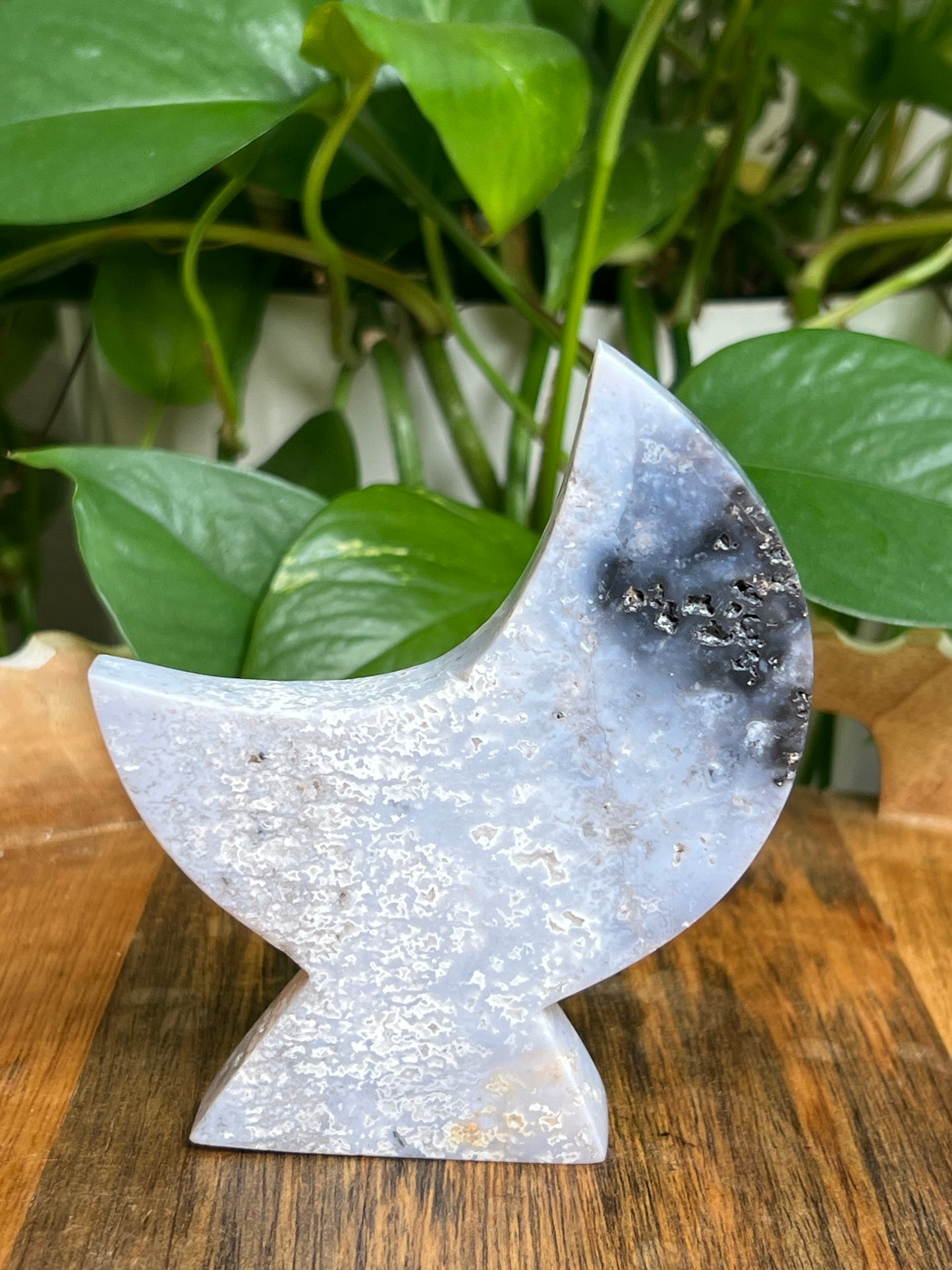Blue Plume Agate Self-Standing Moon: MQ