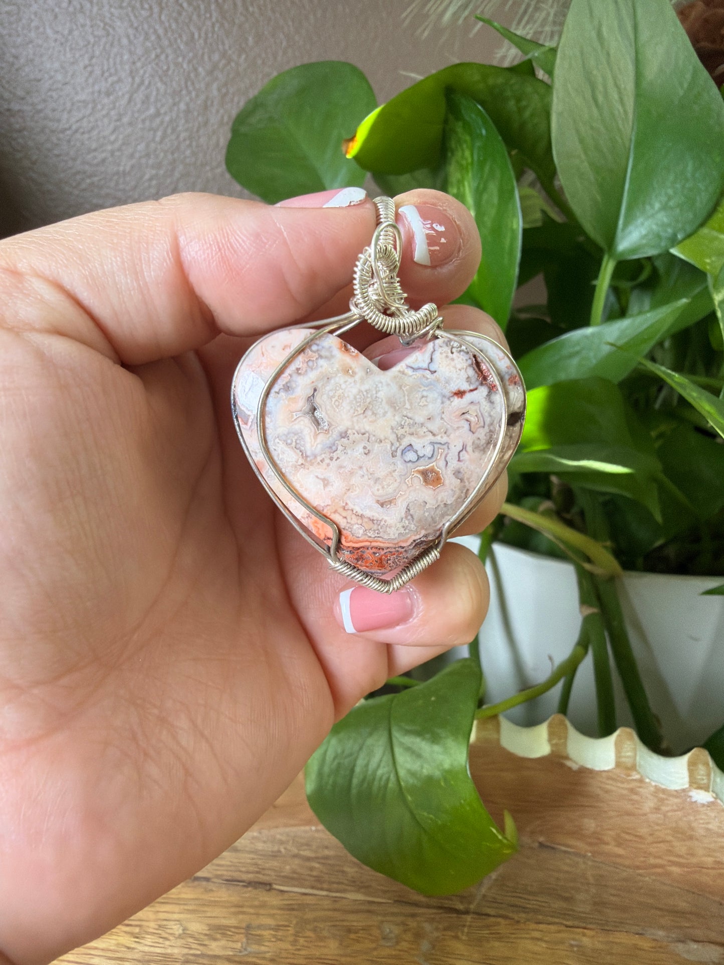 Crazy Lace Agate Heart Wire Wrapped Necklace