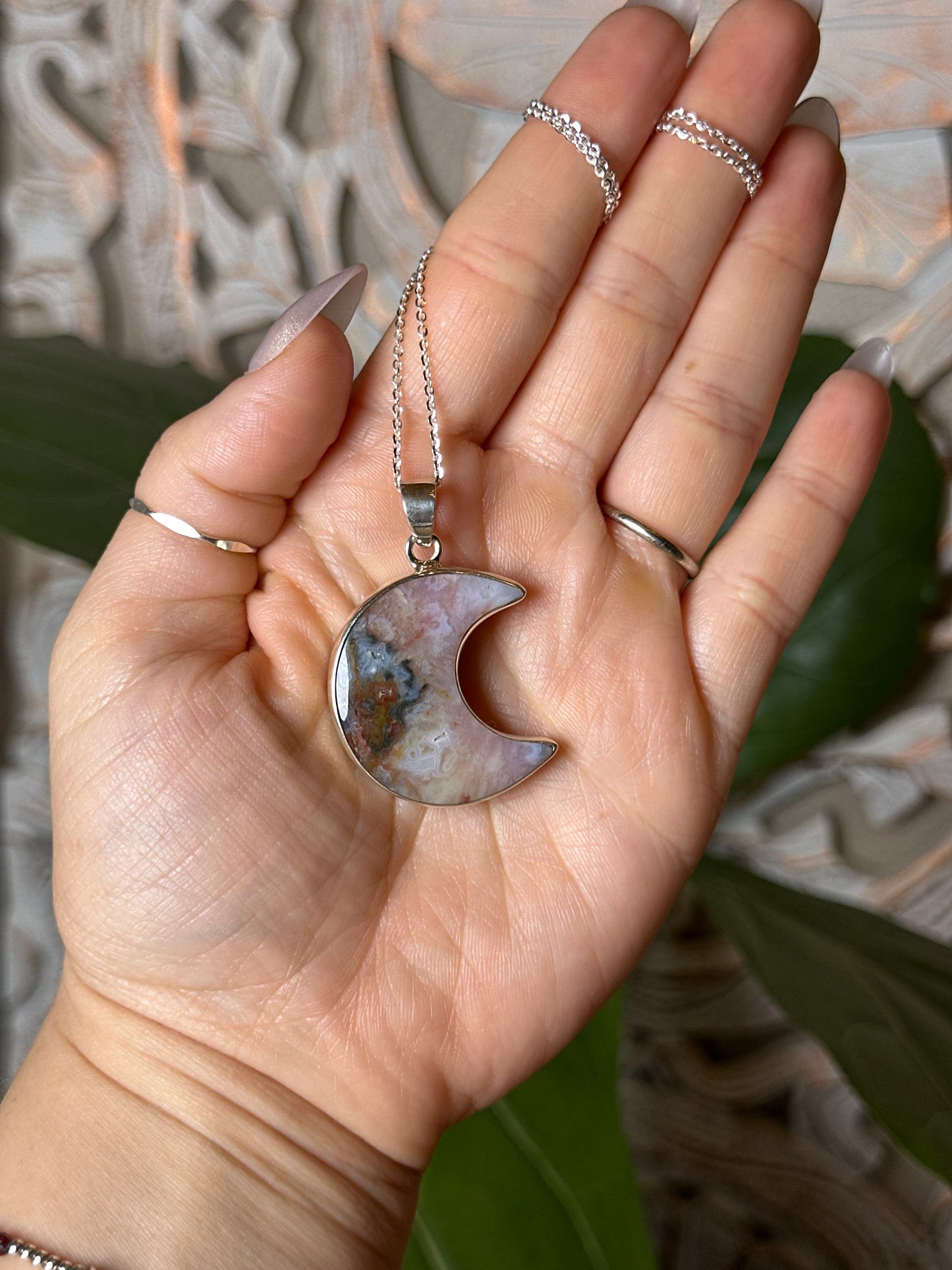 Rainbow Plume Agate Moon Pendant