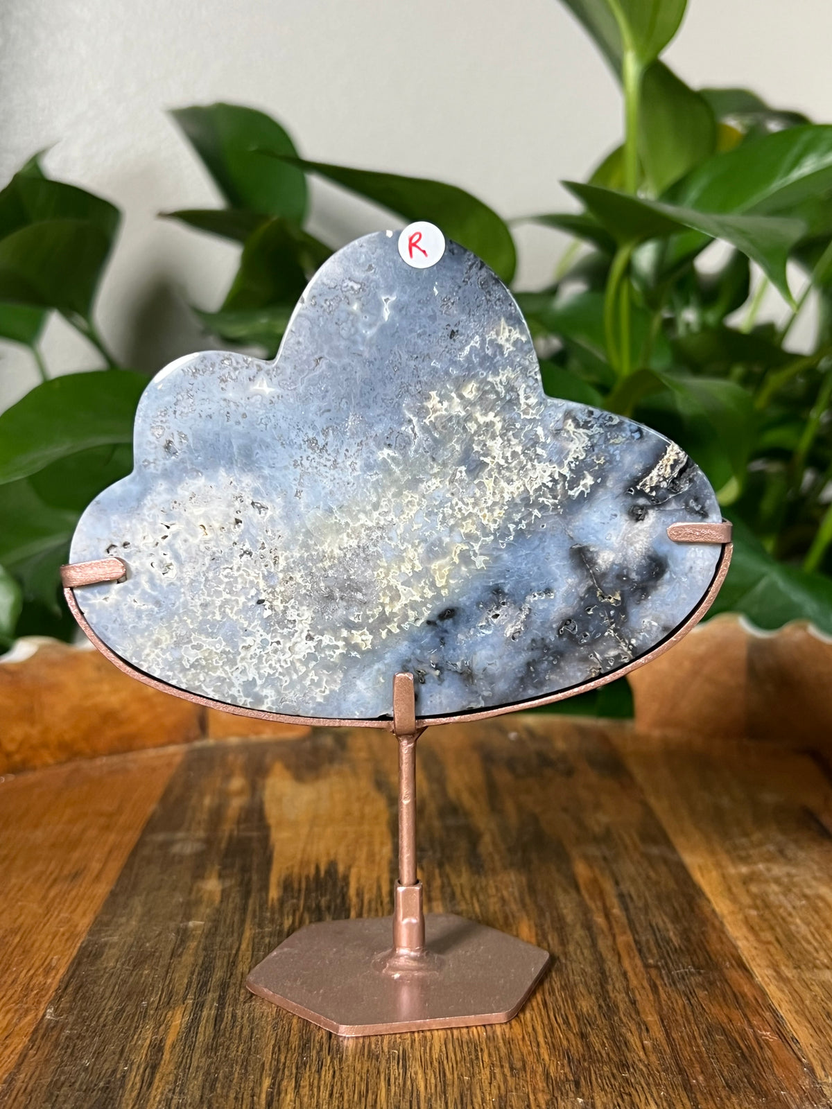 Blue Plume Agate On Metal Stand Clouds