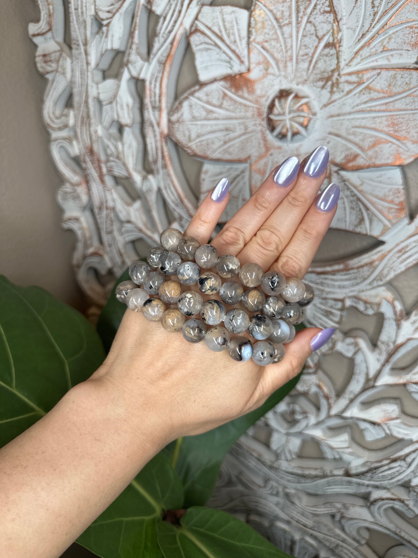 Dendritic Tiger Agate Beaded Bracelet (12mm)