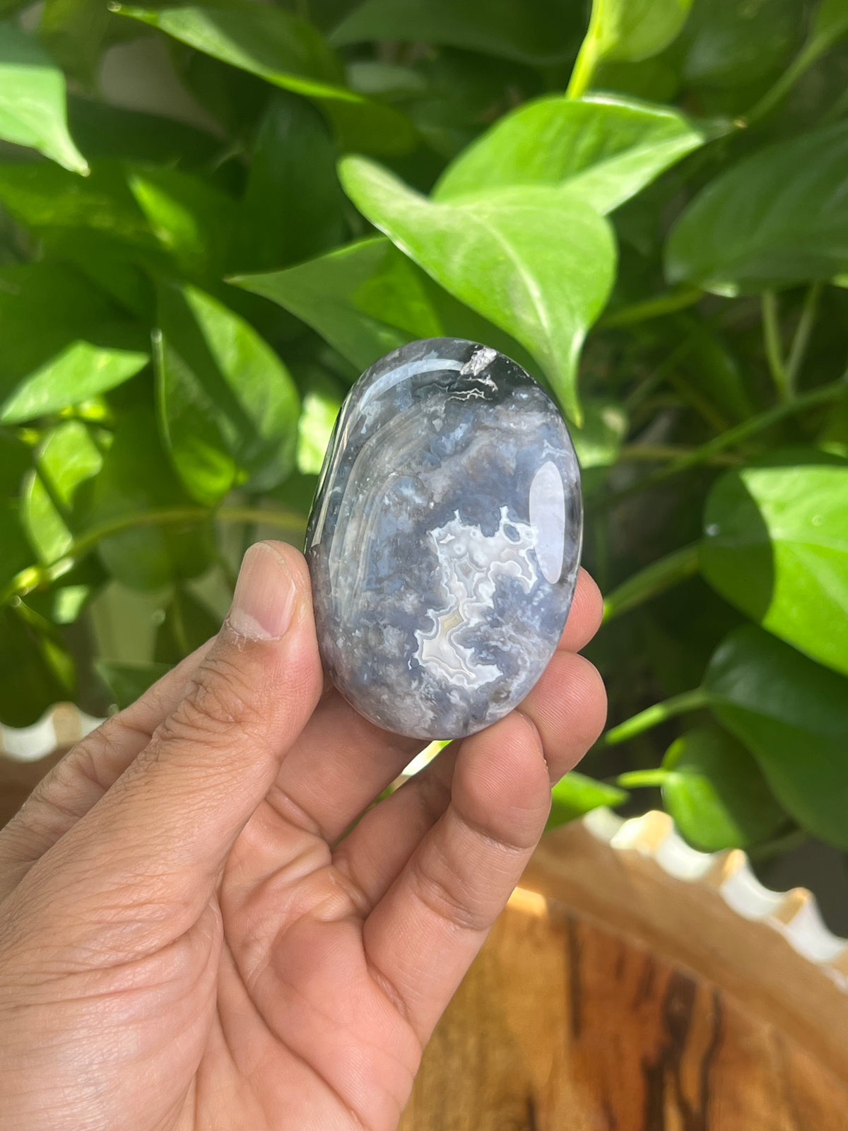 Blue Plume Agate Palmstone: BK