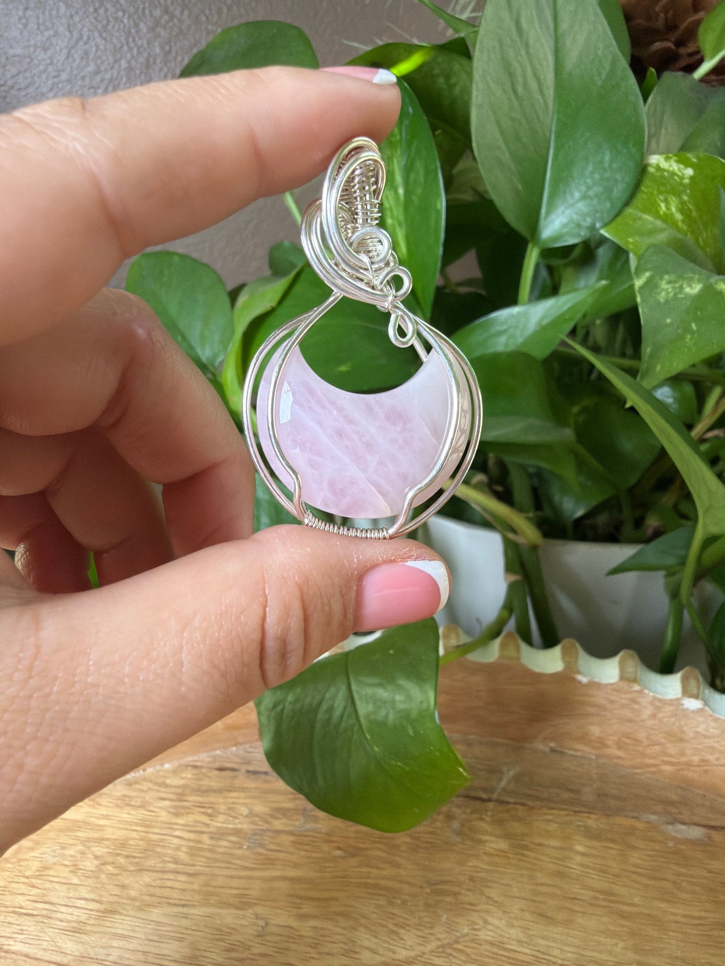 Rose Quartz Moon Wire Wrapped Necklace